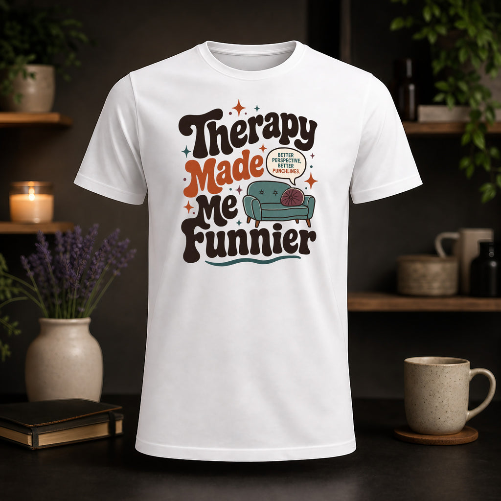 White t-shirt with "Therapy Made Me Funnier" text and a sofa graphic.