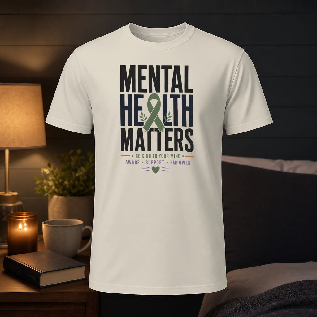 White t-shirt with "Mental Health Matters" and awareness ribbon graphic.