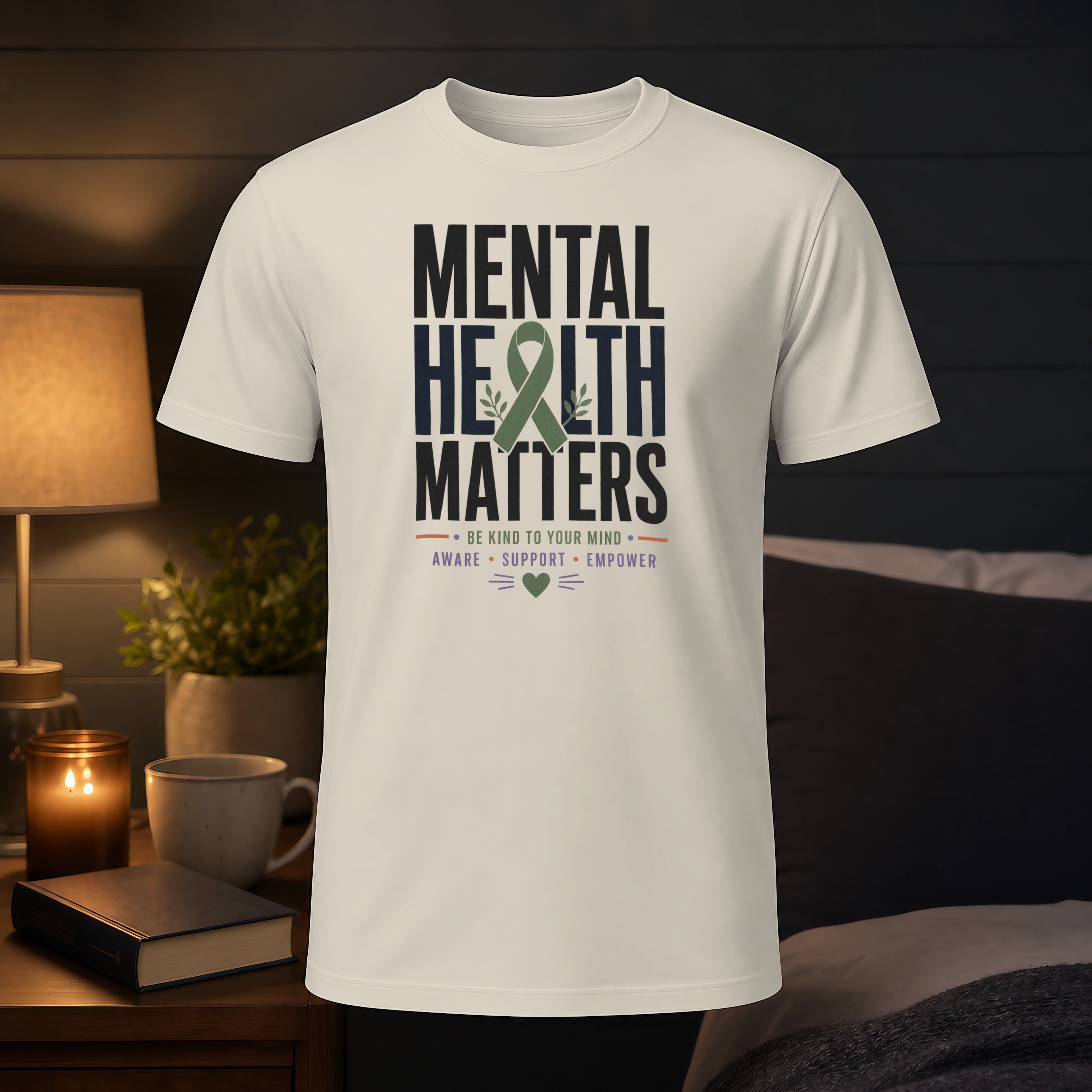 White t-shirt with "Mental Health Matters" and awareness ribbon graphic.