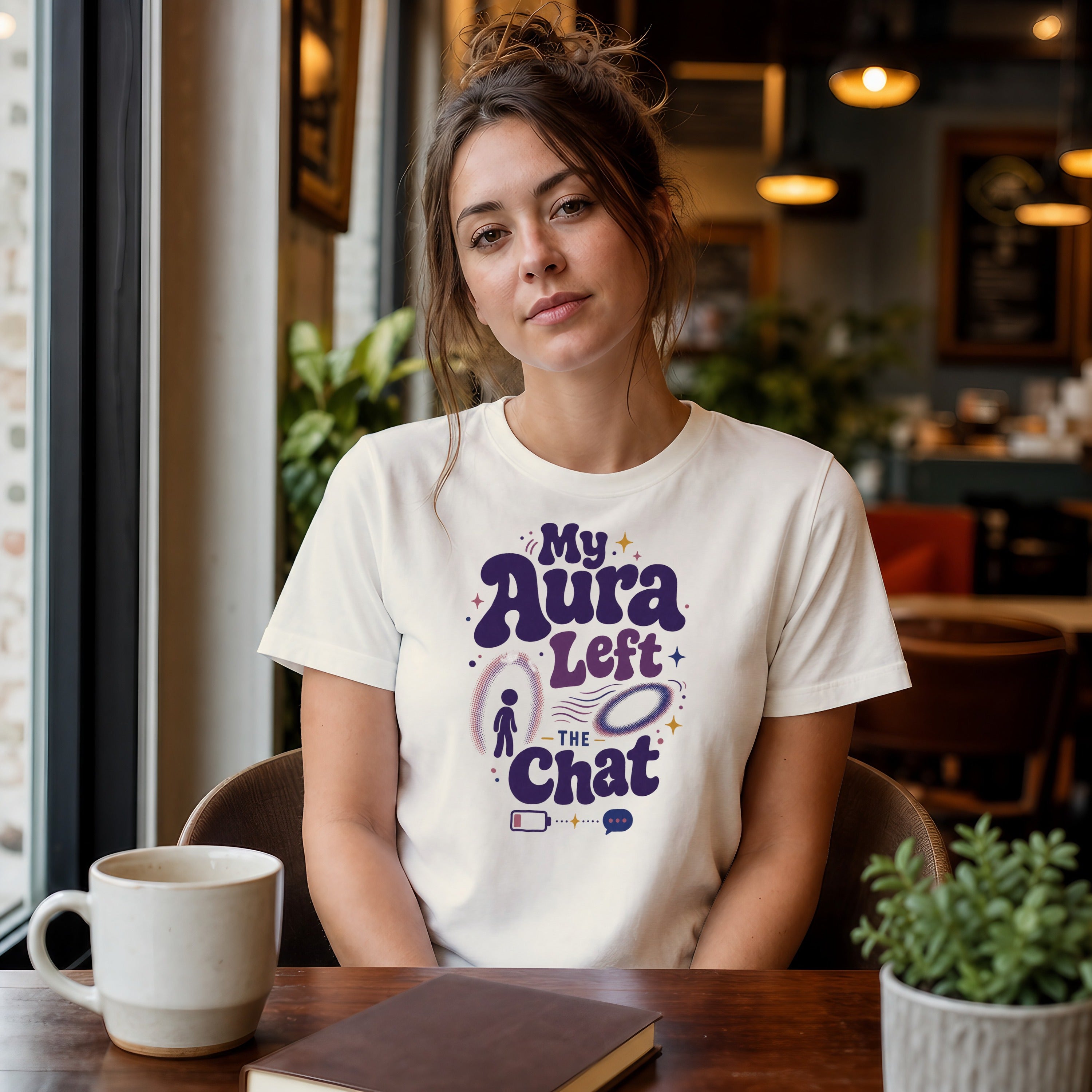 Woman wearing a white t-shirt with "My Aura Left the Chat" text and graphic.
