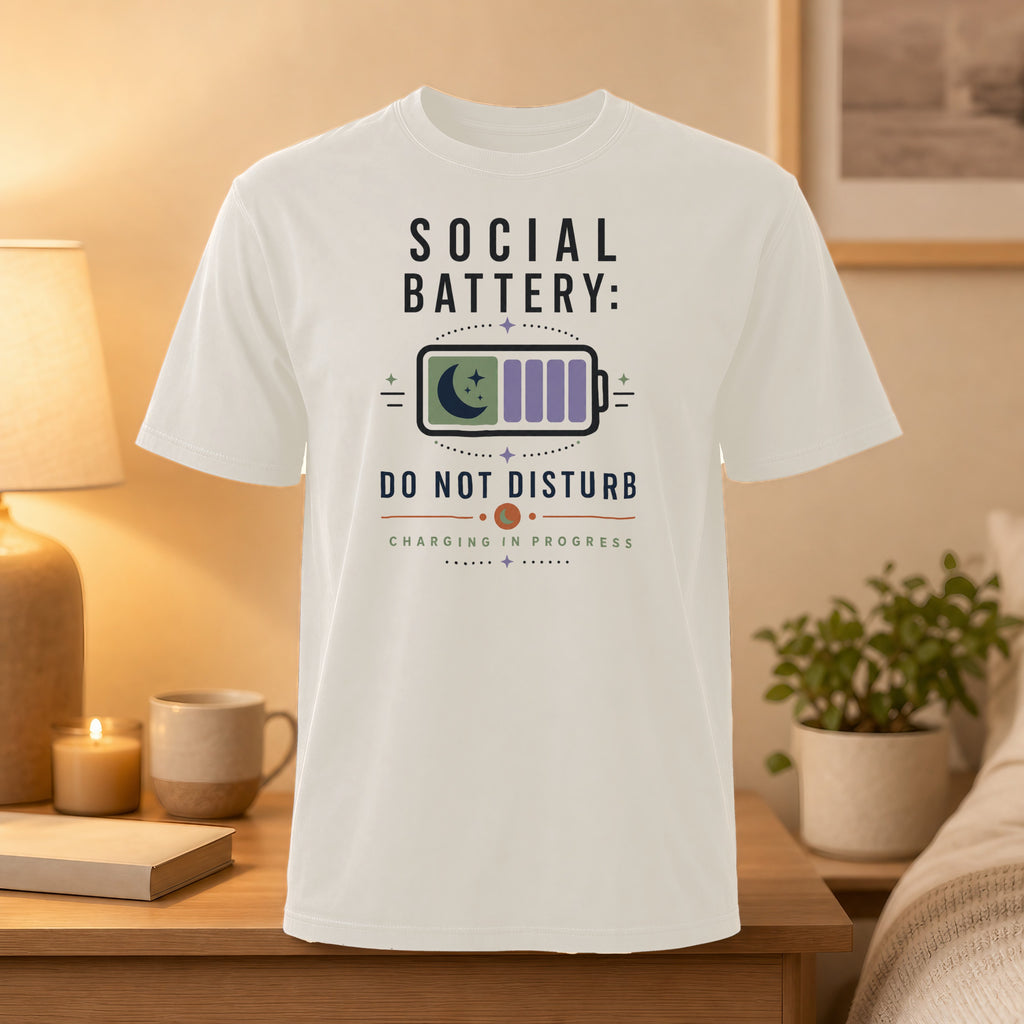 White t-shirt with "SOCIAL BATTERY: DO NOT DISTURB CHARGING IN PROGRESS" text.