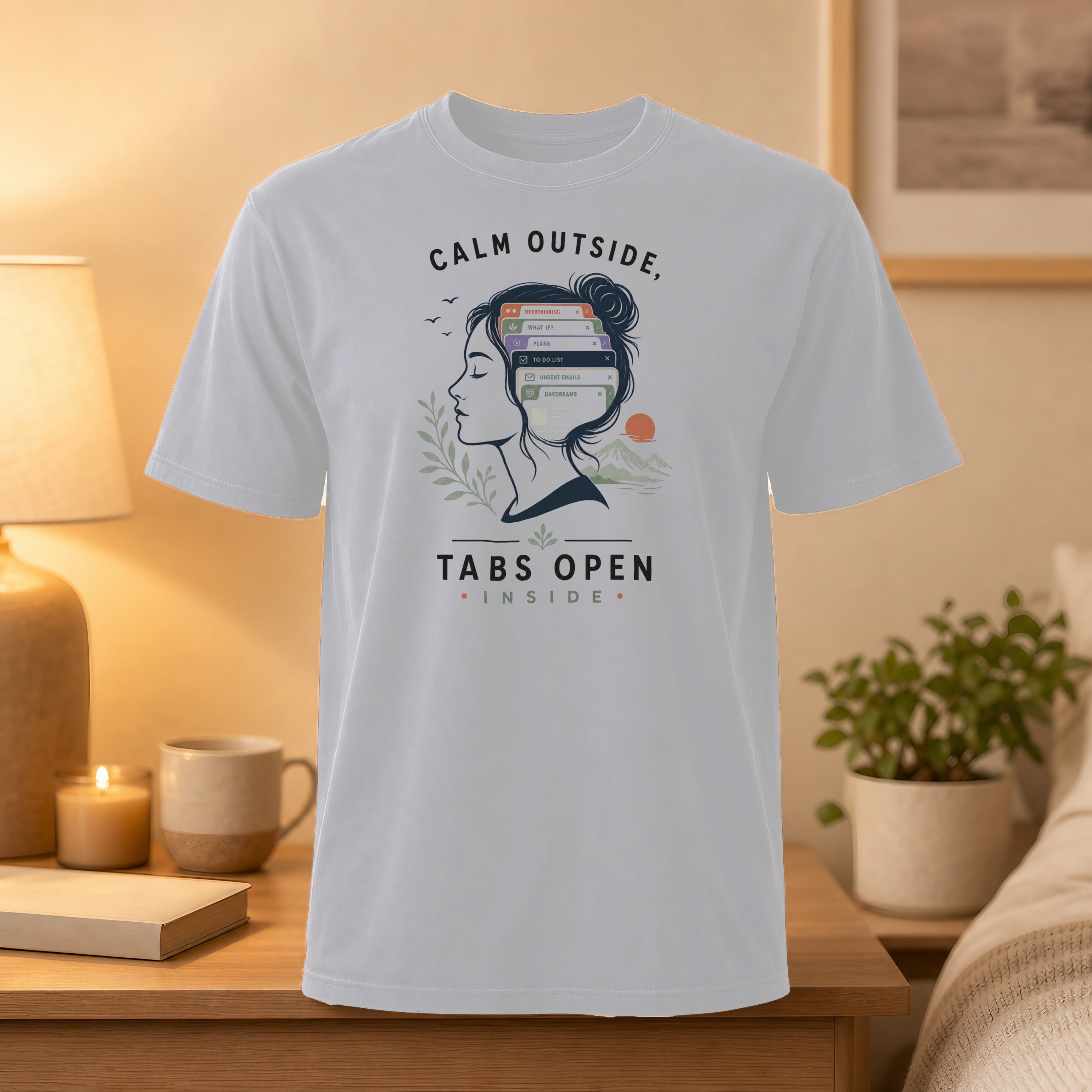 White t-shirt with illustration of a woman's head, text "Calm outside, tabs open inside."