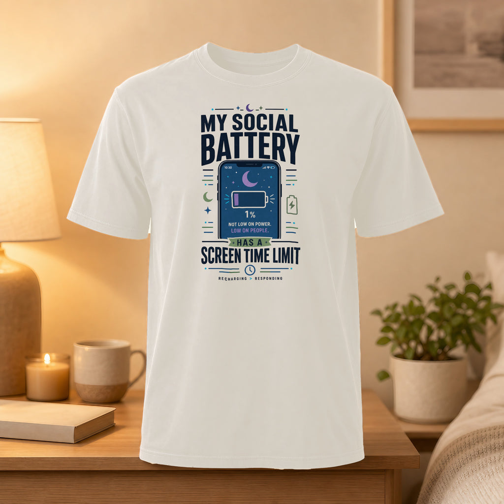 White t-shirt with "My Social Battery" graphic showing a low battery icon and text.