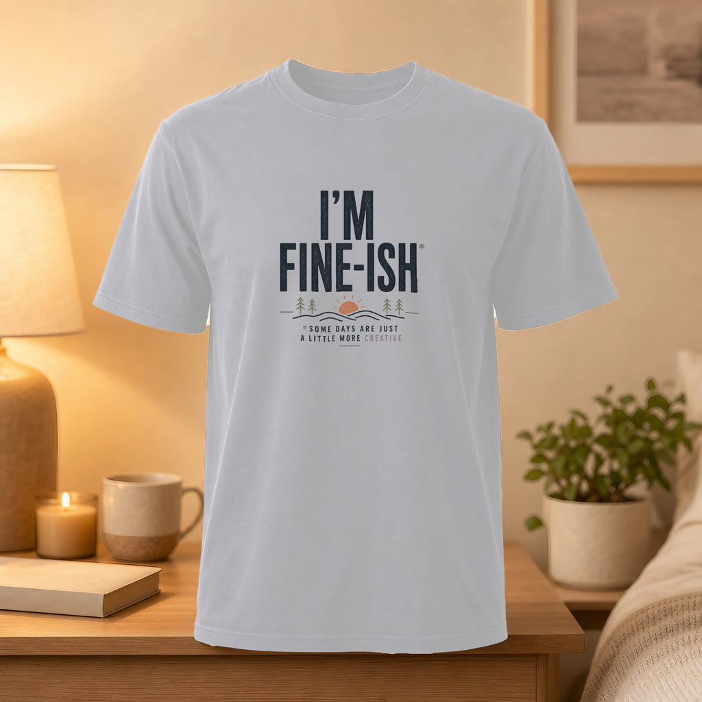 White t-shirt with "I'M FINE-ISH" and creative nature graphic.