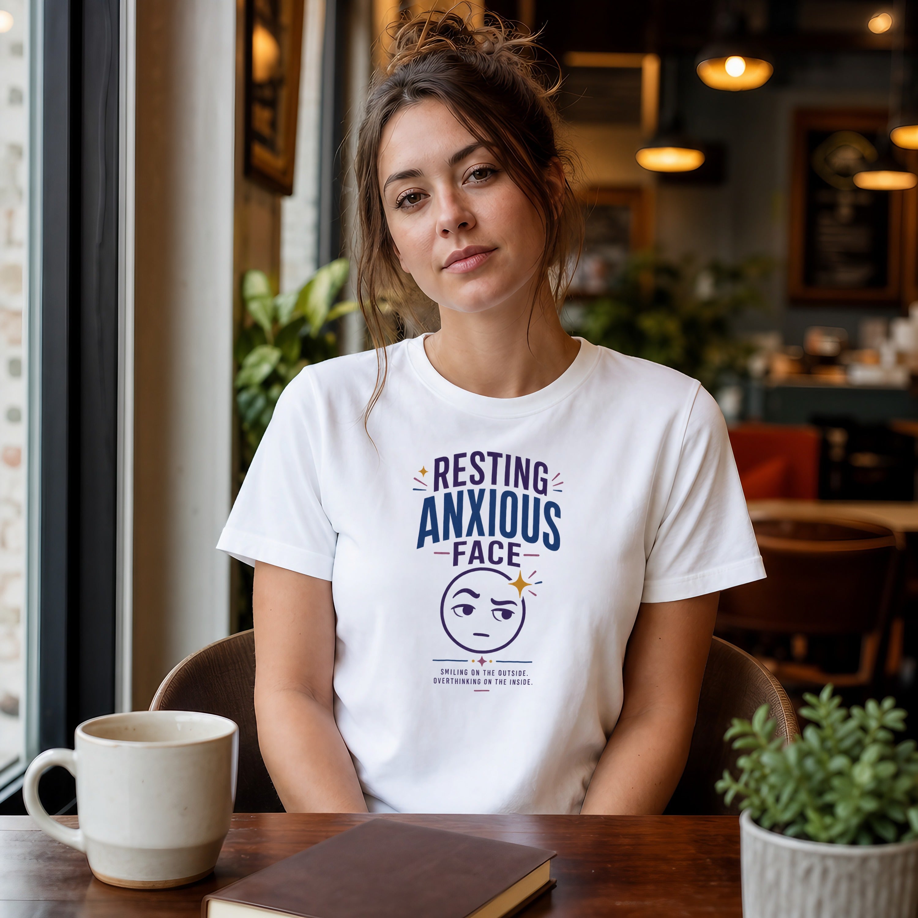 Woman wearing white t-shirt with "Resting Anxious Face" text and graphic.