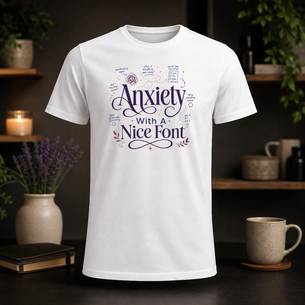 White t-shirt with "Anxiety With A Nice Font" and humorous text about overthinking.