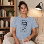 Light blue t-shirt with graphic of woman with mental to-do list and tabs inside head.