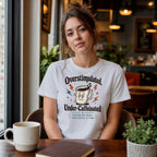 Woman in t-shirt with "Overstimulated, Under-Caffeinated" text and coffee cup graphic.