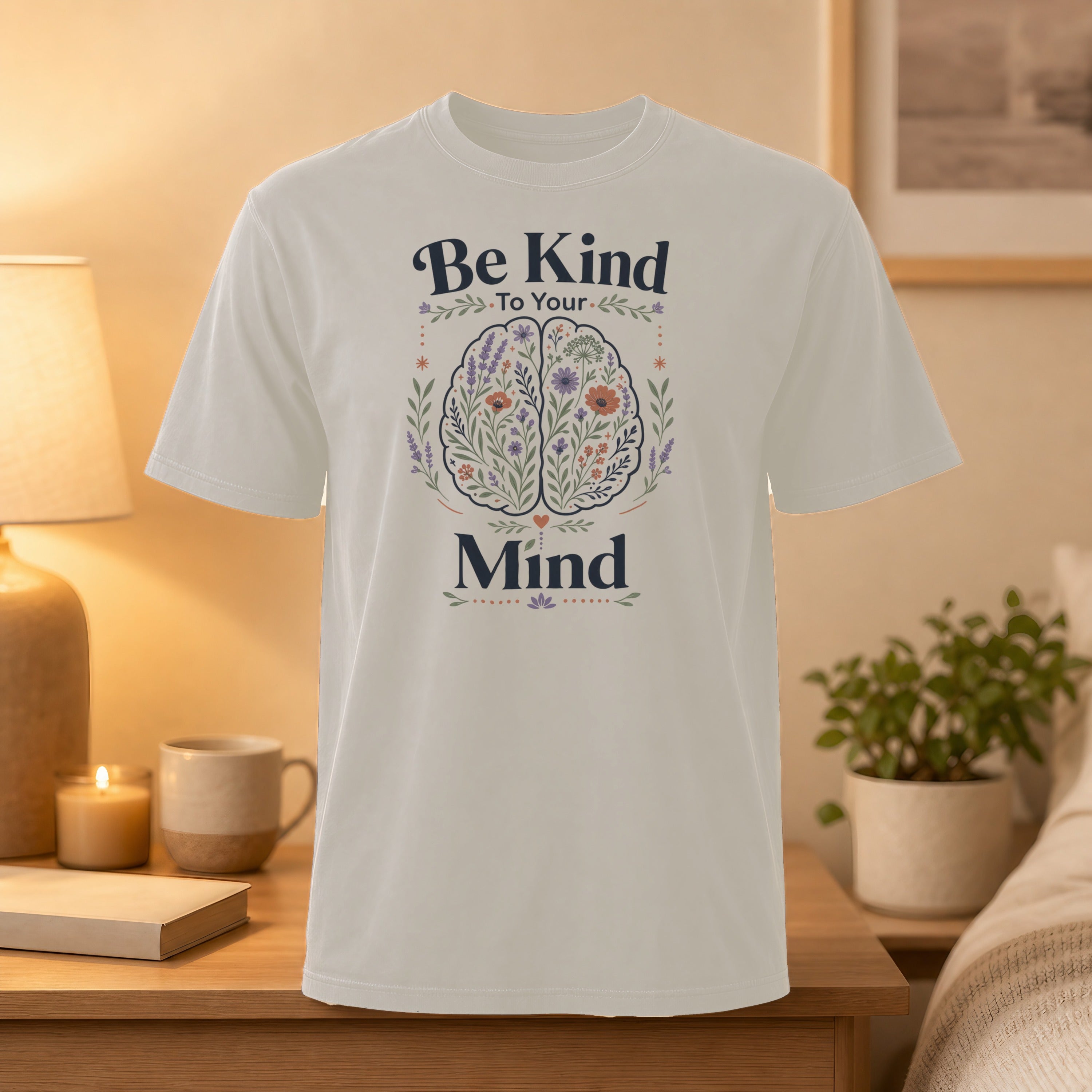 White t-shirt with "Be Kind To Your Mind" text and floral wreath graphic.