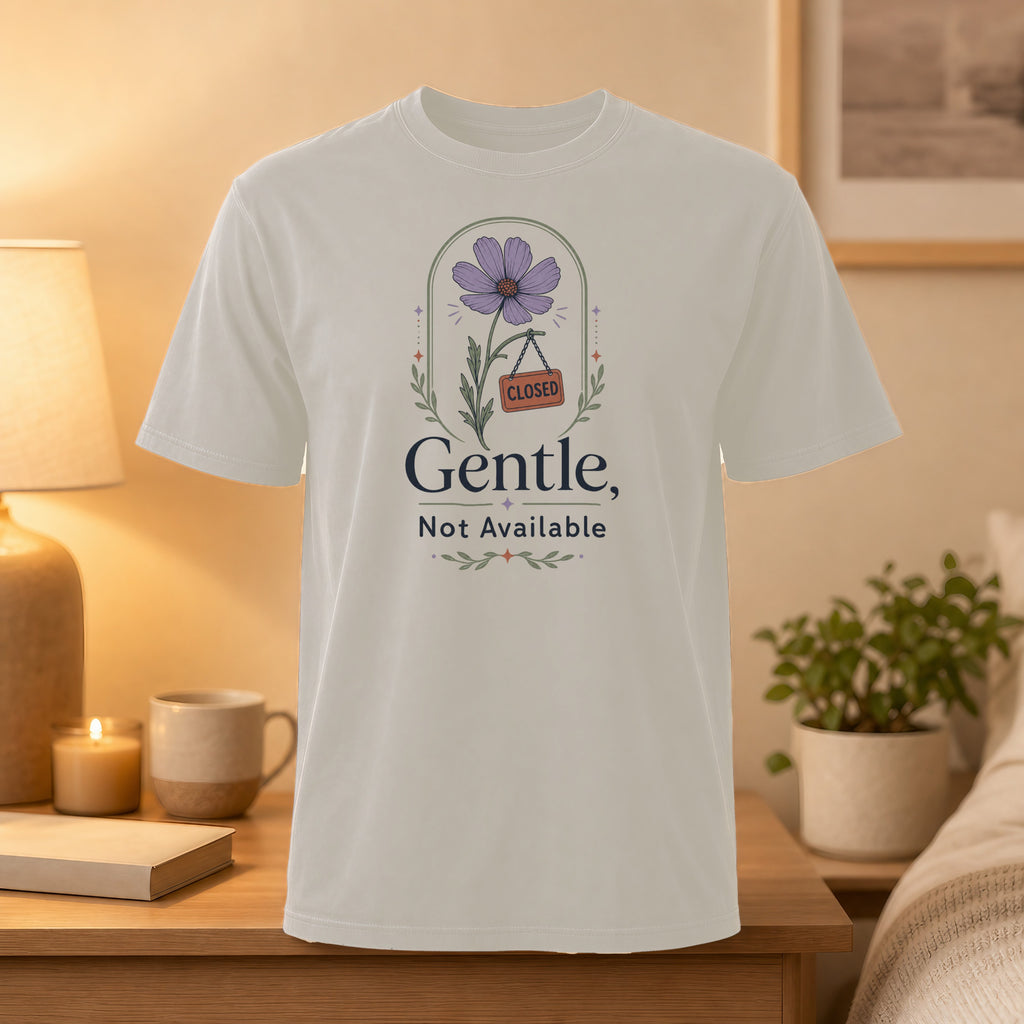 Cream t-shirt with "Closed, Not Available" text and floral design.