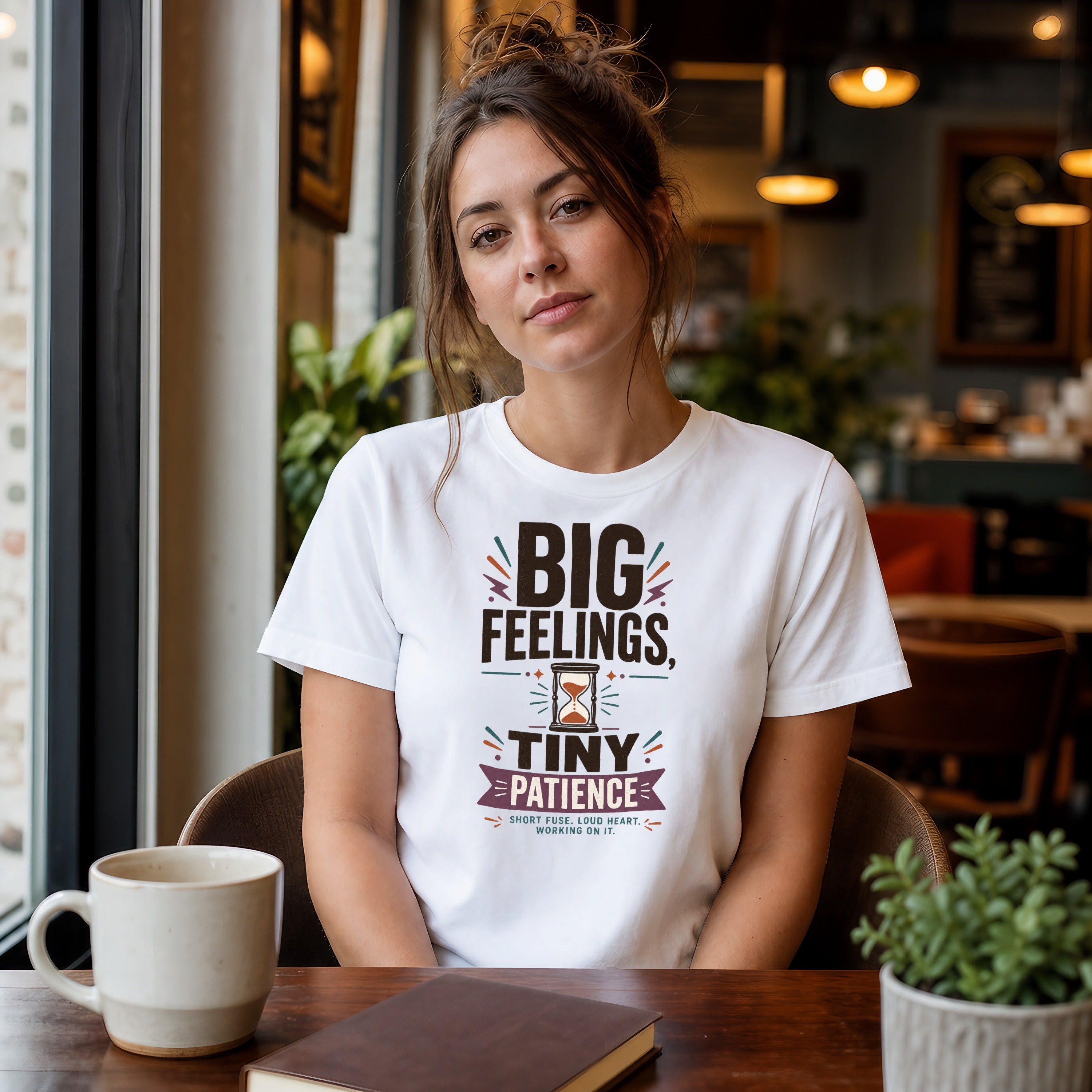 Woman wearing white t-shirt with "BIG FEELINGS, TINY PATIENCE" text.
