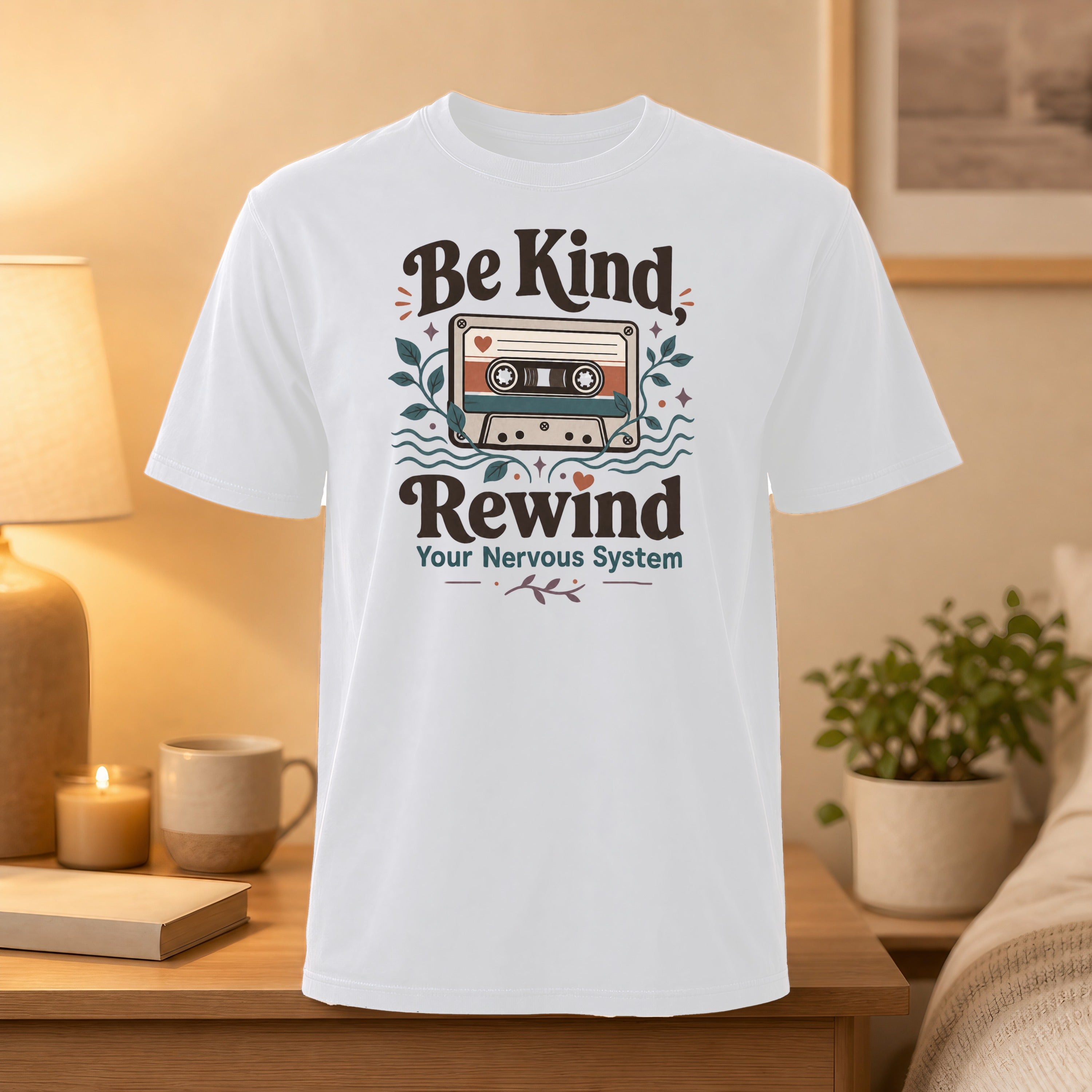 White t-shirt with "Be Kind Rewind Your Nervous System" text and cassette tape graphic.