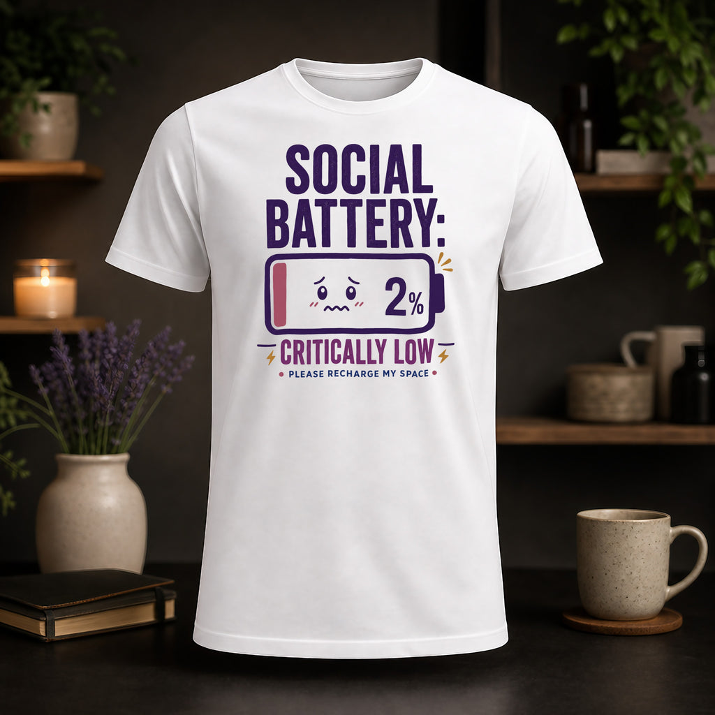 White t-shirt with "SOCIAL BATTERY: CRITICALLY LOW 2%" graphic.