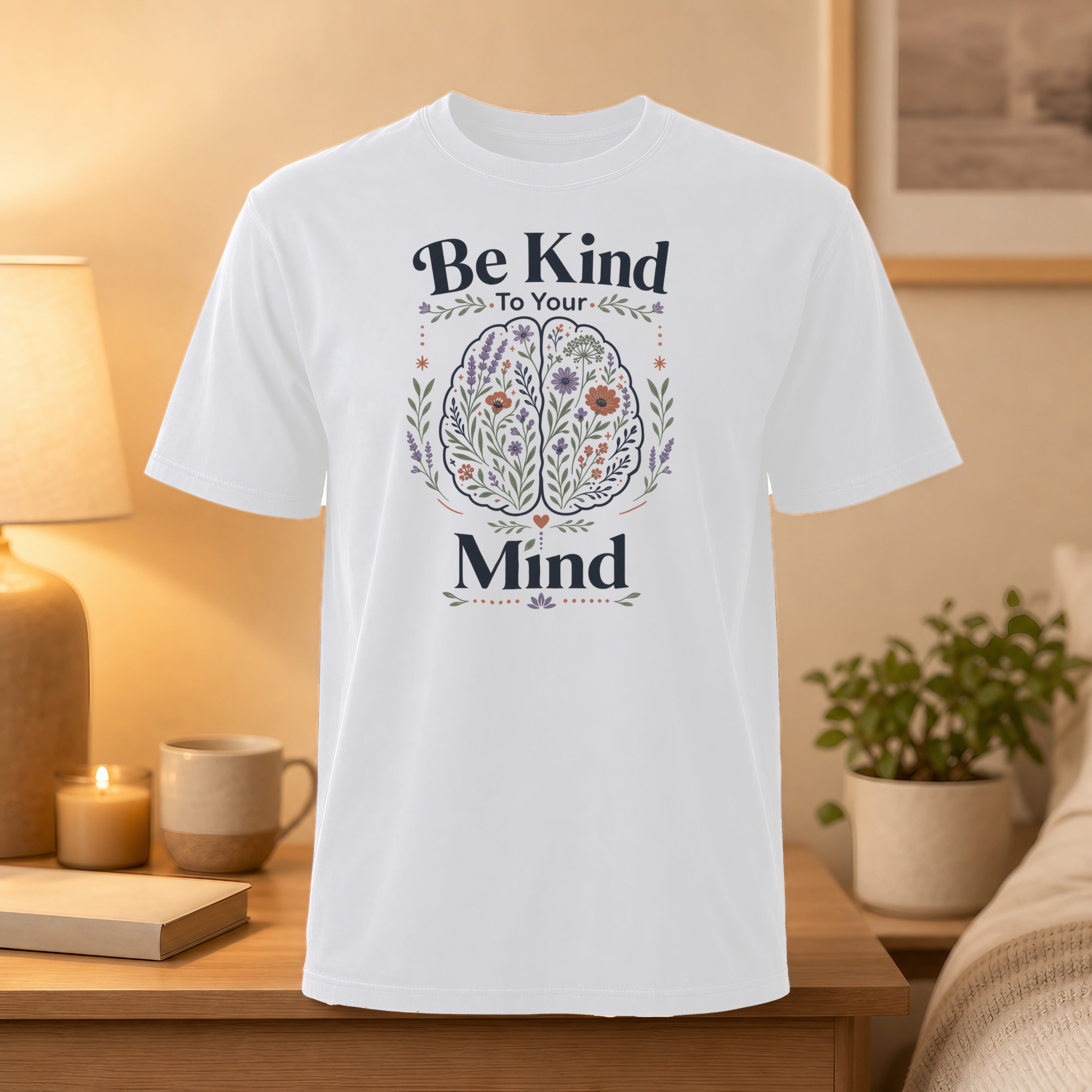 White t-shirt with "Be Kind To Your Mind" text and floral brain design.