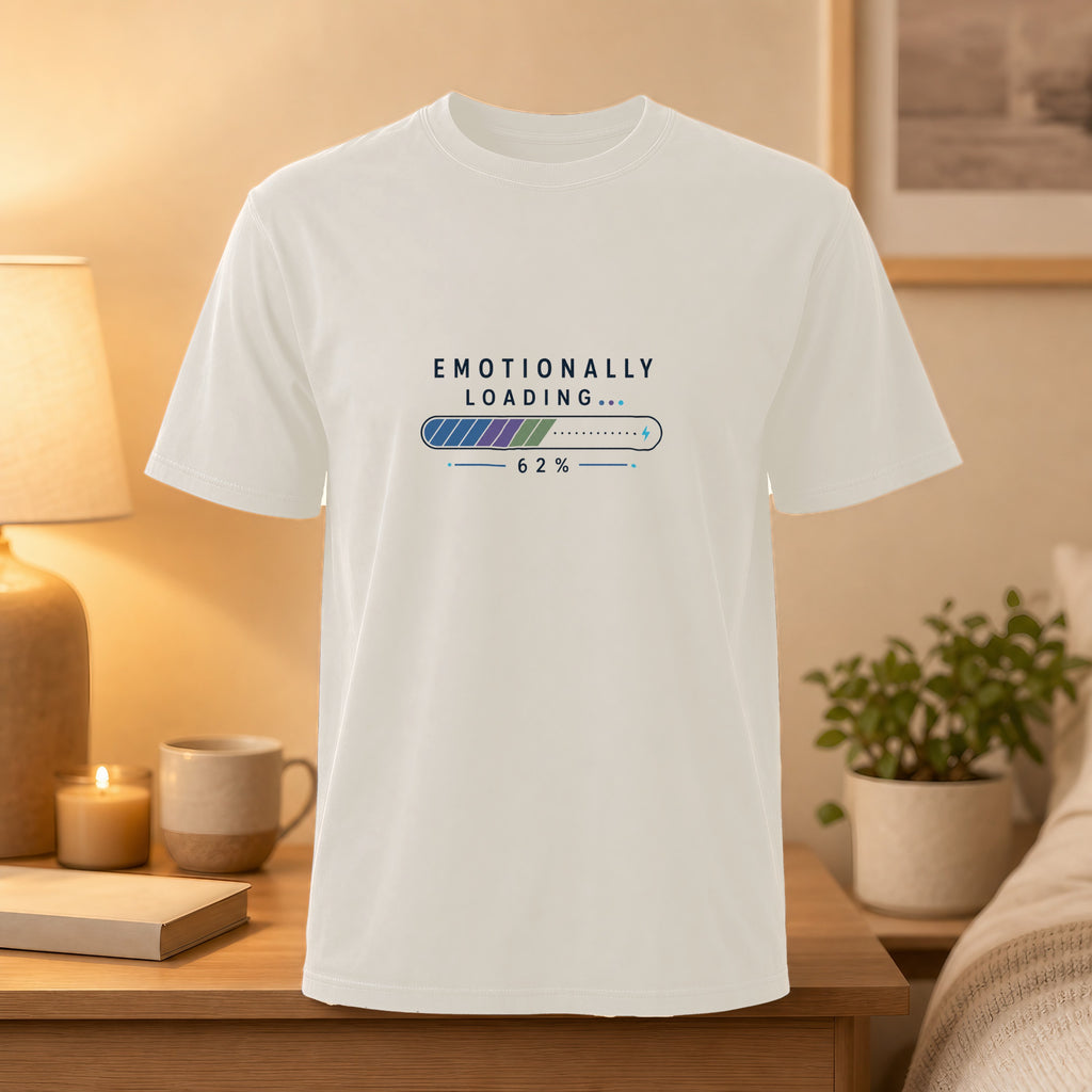 White t-shirt with "Emotionally Loading 62%" progress bar graphic.