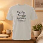T-shirt with "Running On Tea And Boundary Issues" text and teacup graphic.