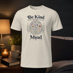 Cream t-shirt with "Be Kind To Your Mind" text and floral brain graphic.