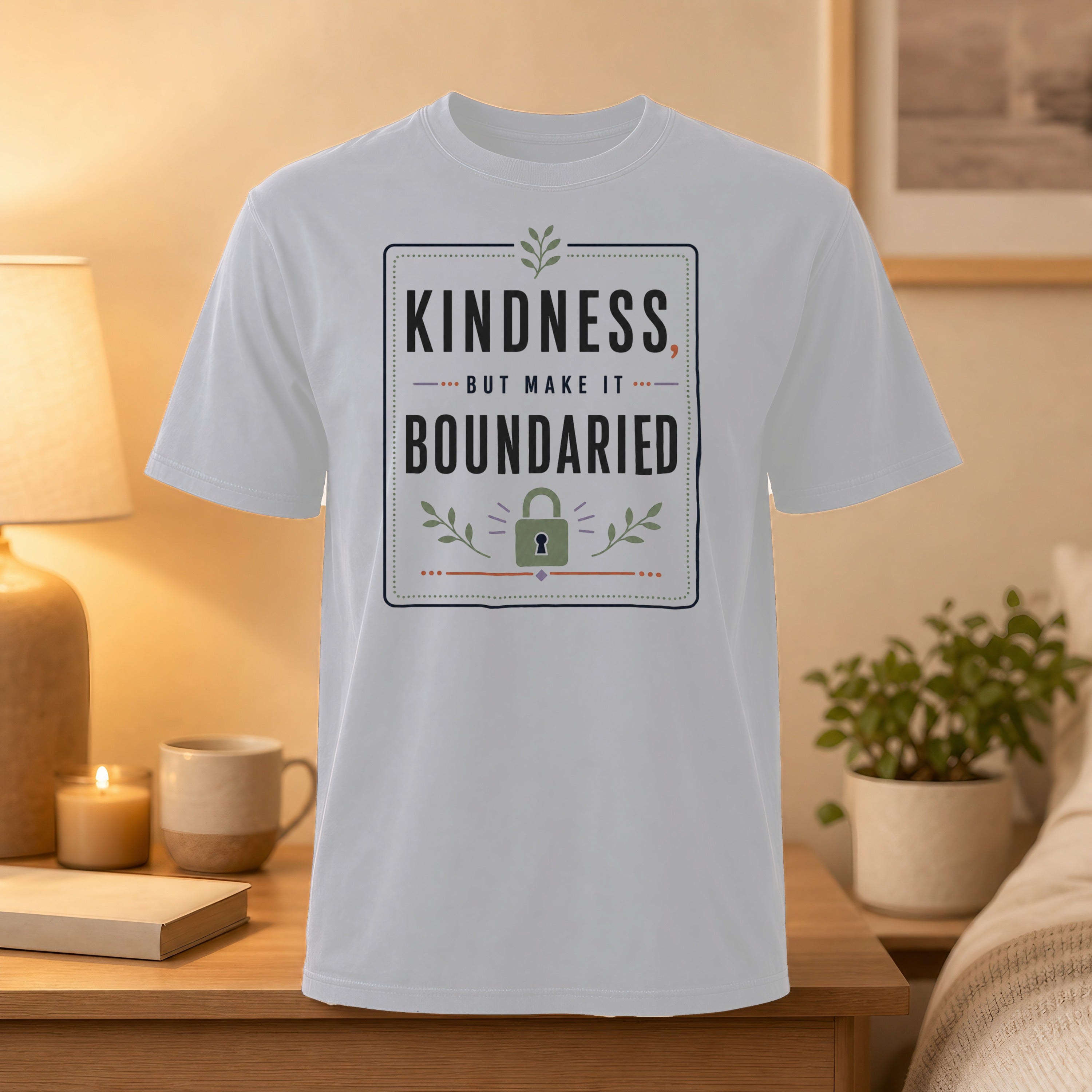 White t-shirt with "Kindness, but make it BOUNDARIED" text and lock graphic.