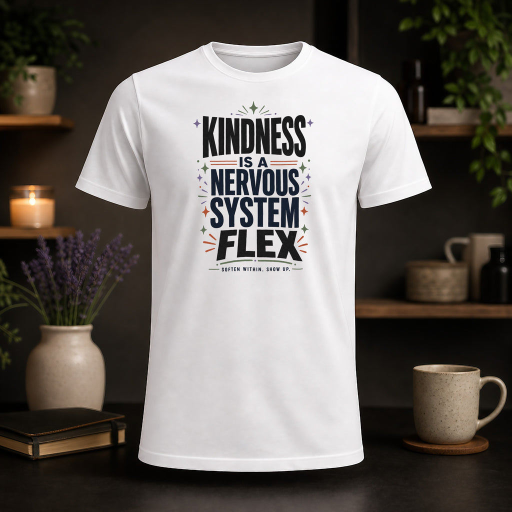 White t-shirt with "Kindness is a nervous system flex" text.