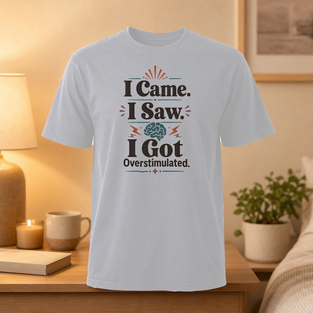 White t-shirt with "I Came. I Saw. I Got Overstimulated." graphic.