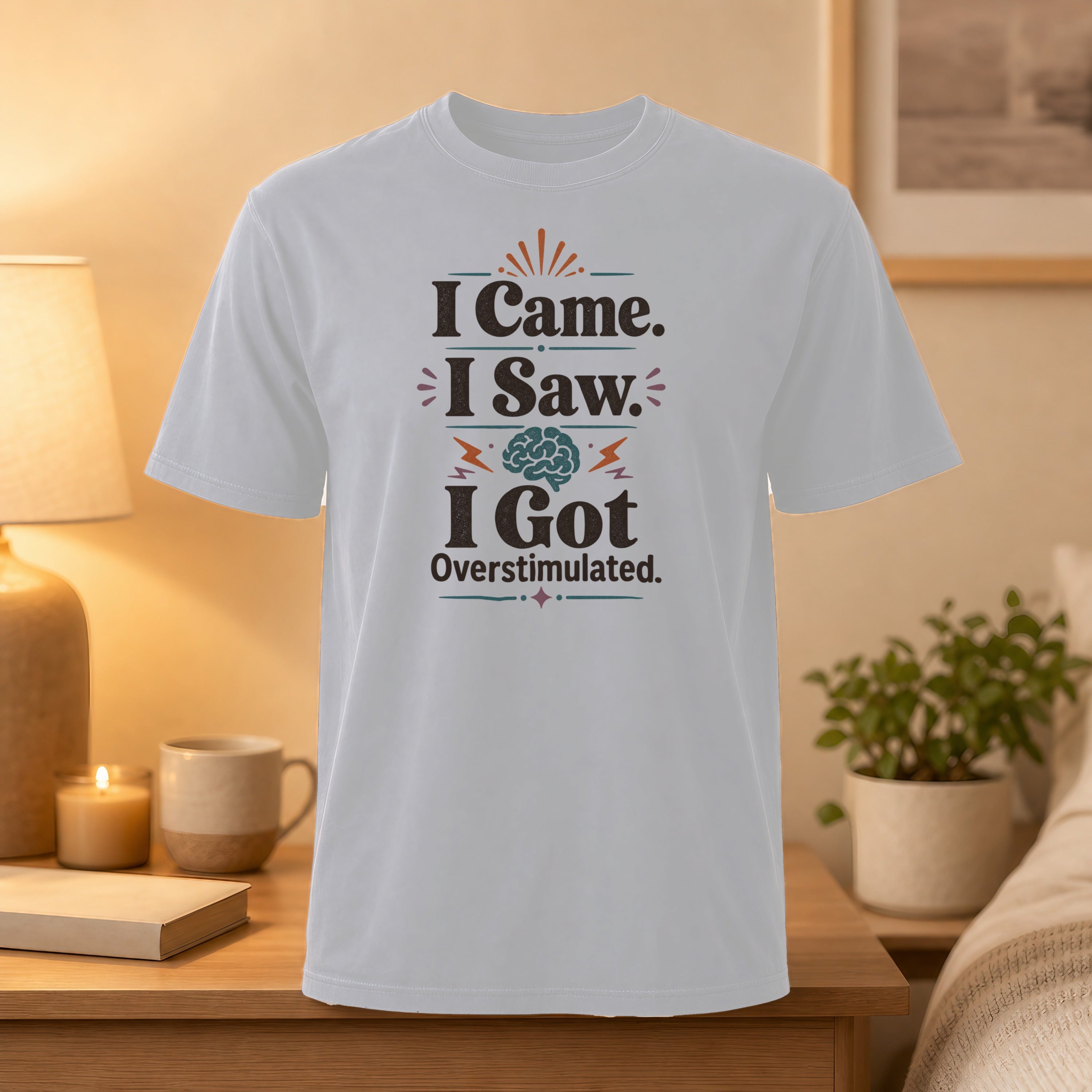 White t-shirt with "I Came. I Saw. I Got Overstimulated." graphic.