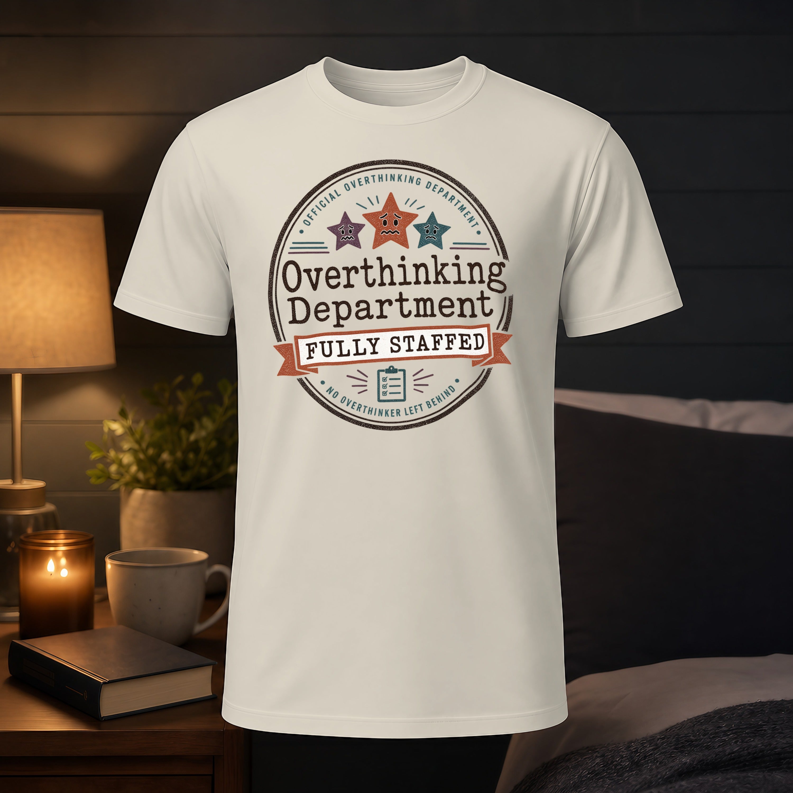 T-shirt with "Overthinking Department" circular logo, fully staffed.
