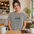 Woman in gray t-shirt with "Currently Accepting Calm Applications" text.