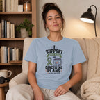 T-shirt with "I support mental health and cancelling plans" slogan and calendar icon.