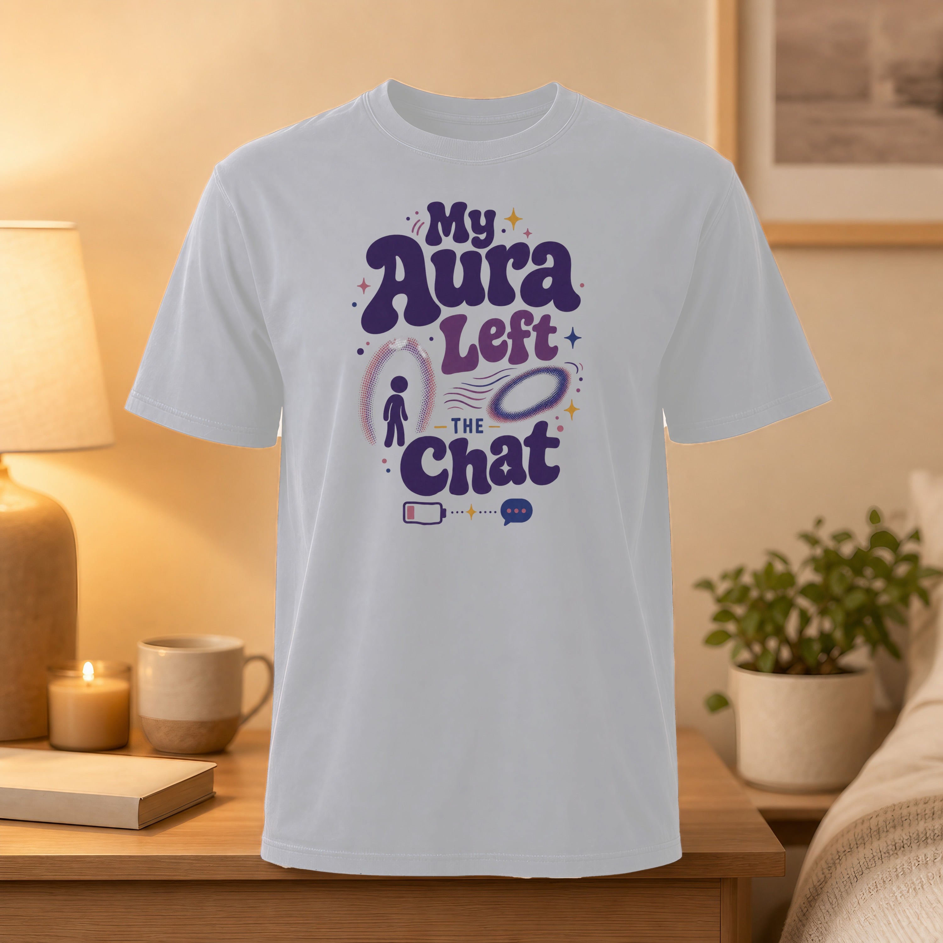 White t-shirt with "My Aura Left the Chat" graphic and battery icon.