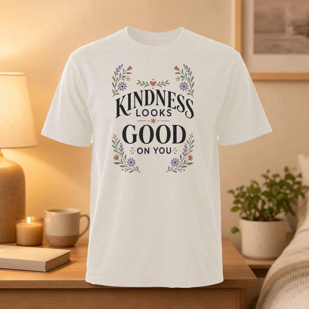 White t-shirt with "Kindness Looks Good On You" text and floral accents.