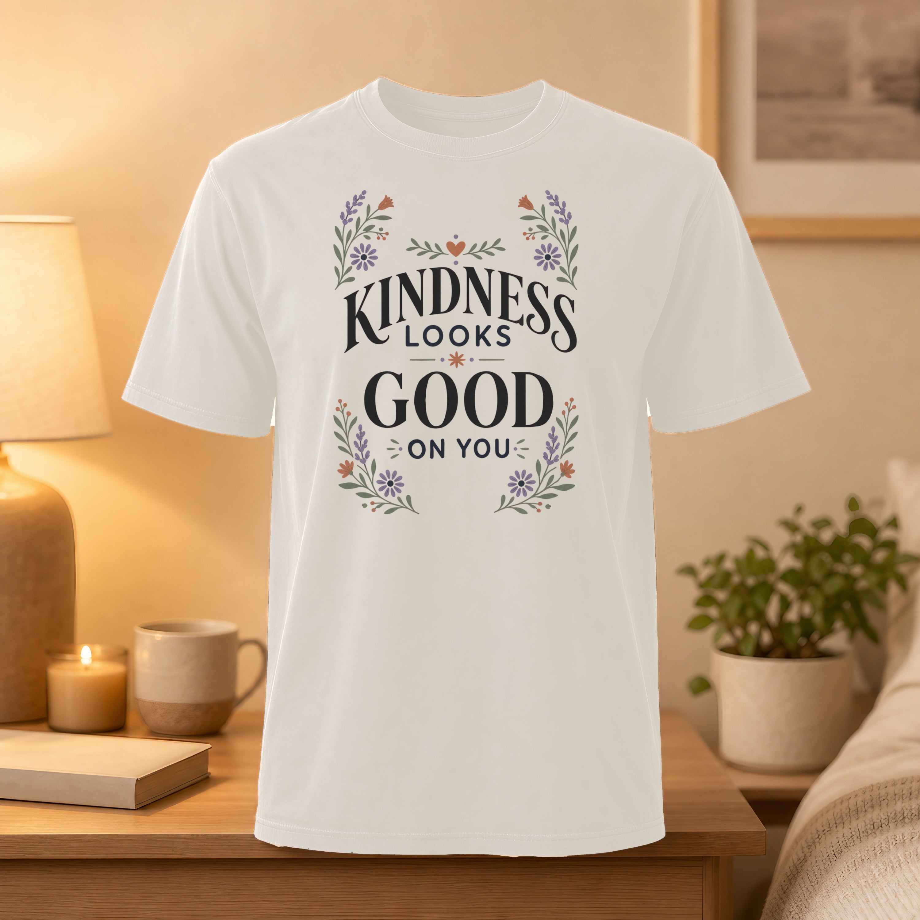 White t-shirt with "Kindness Looks Good On You" text and floral accents.