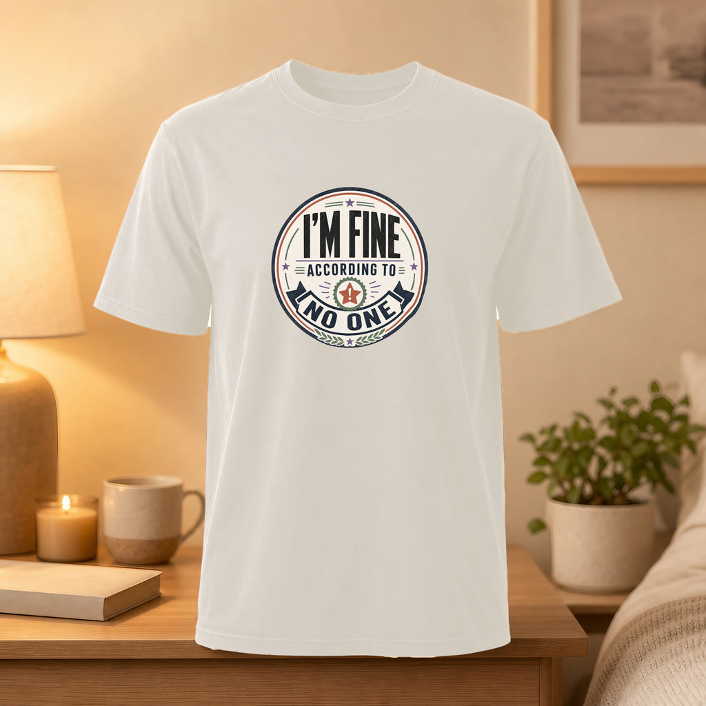 White t-shirt with "I'M FINE ACCORDING TO NO ONE" text on a circular graphic.