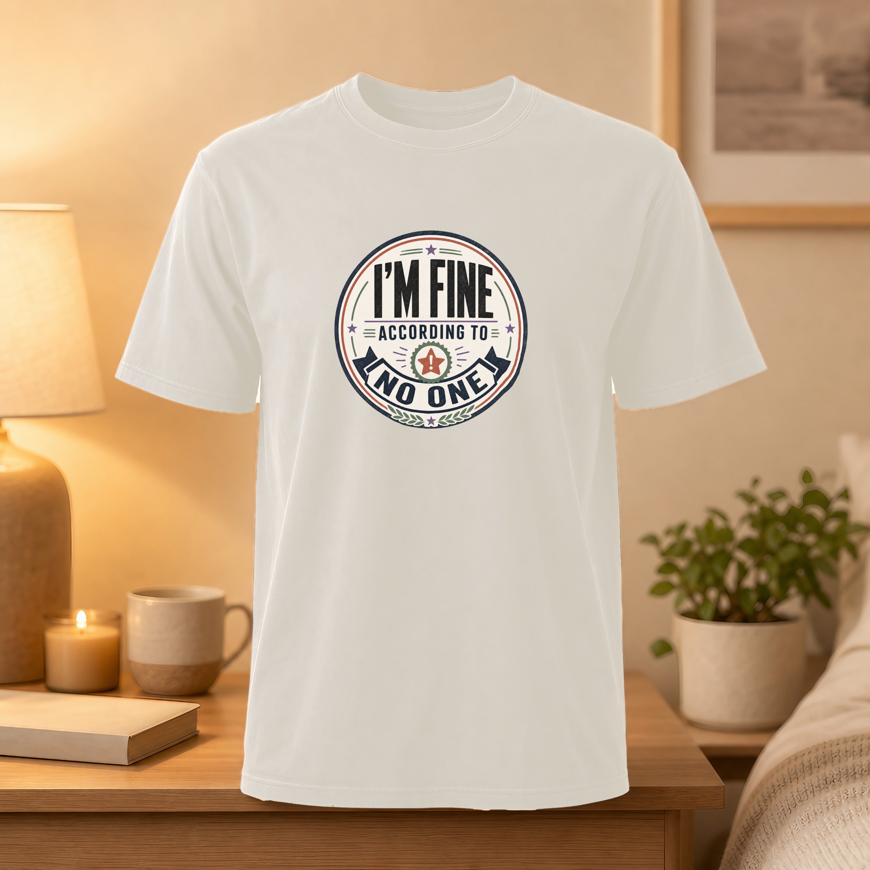 White t-shirt with "I'M FINE ACCORDING TO NO ONE" text on a circular graphic.