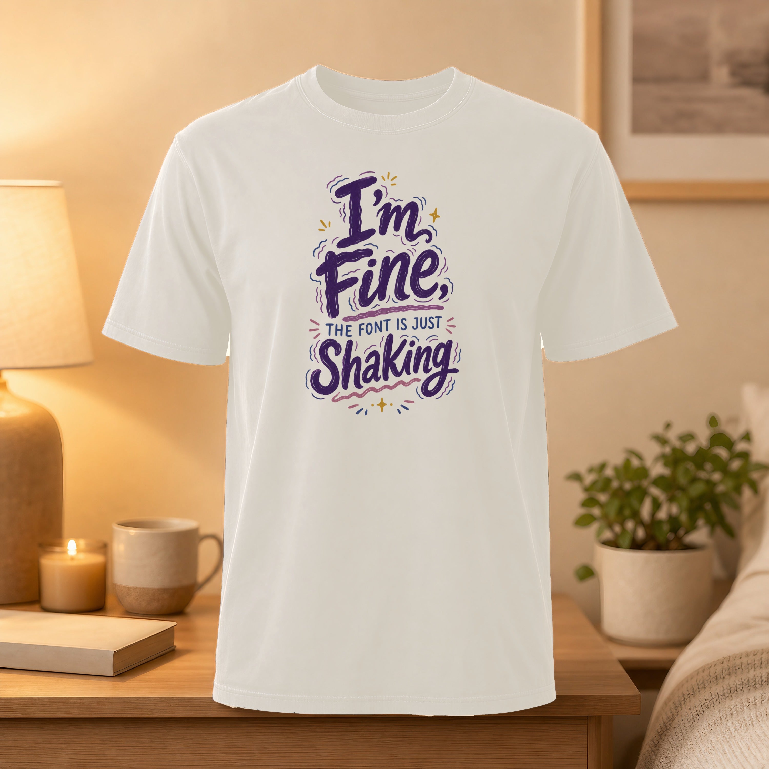 White t-shirt with purple text reading "I'm Fine, THE FONT IS JUST SHAKING".