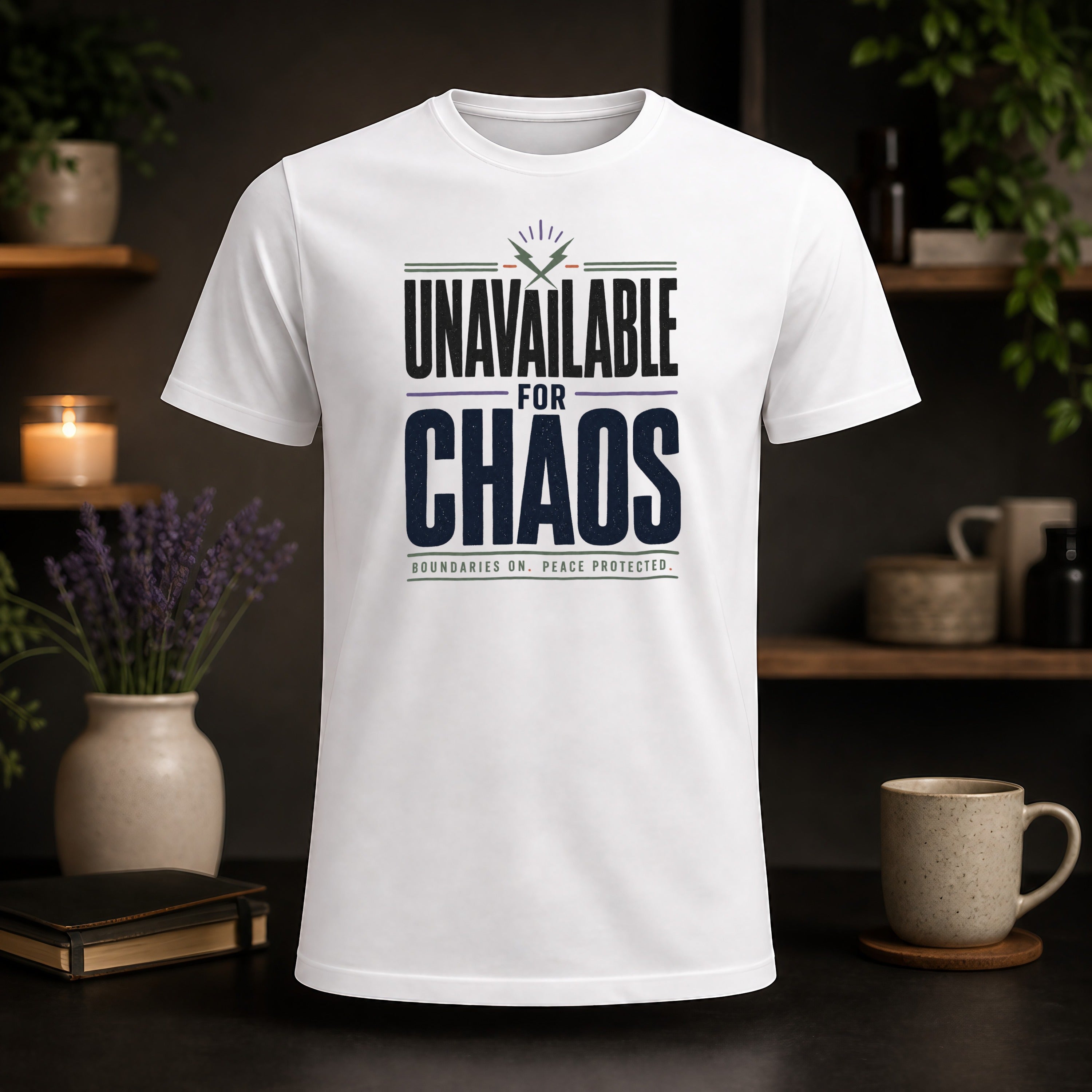 White t-shirt with "UNAVAILABLE FOR CHAOS" and "BOUNDARIES ARE PROTECTED."