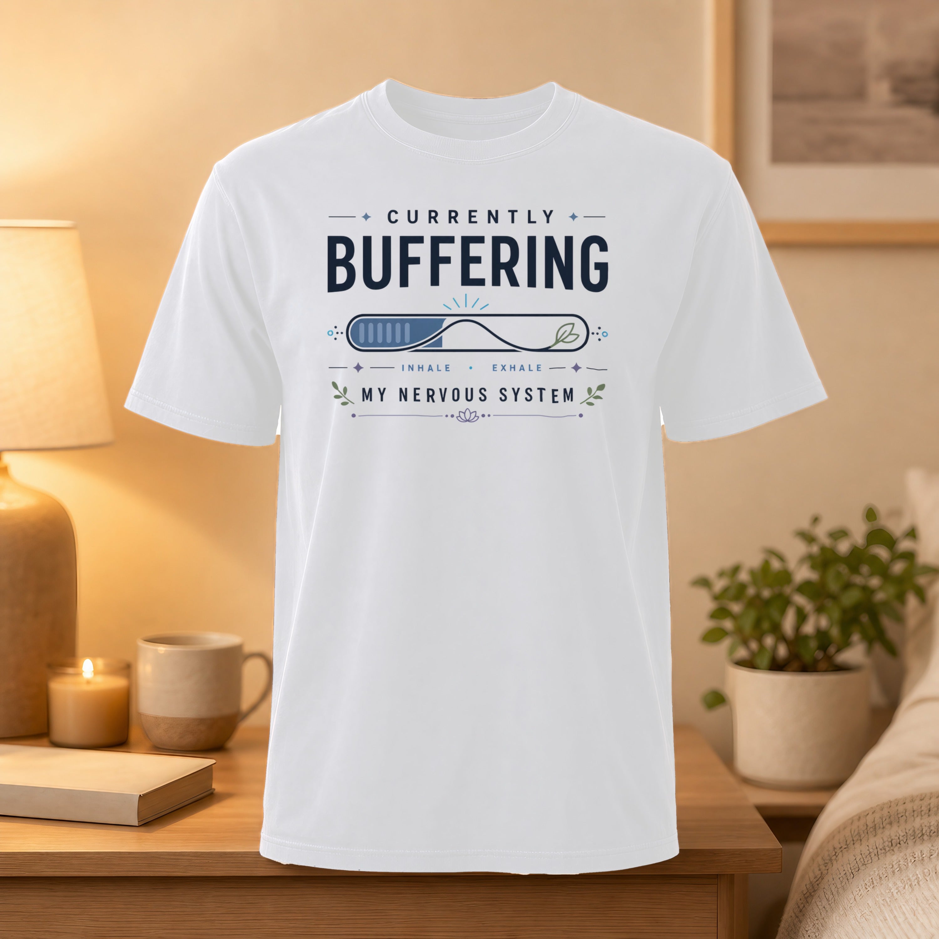 White t-shirt with "Currently Buffering" and a battery icon.