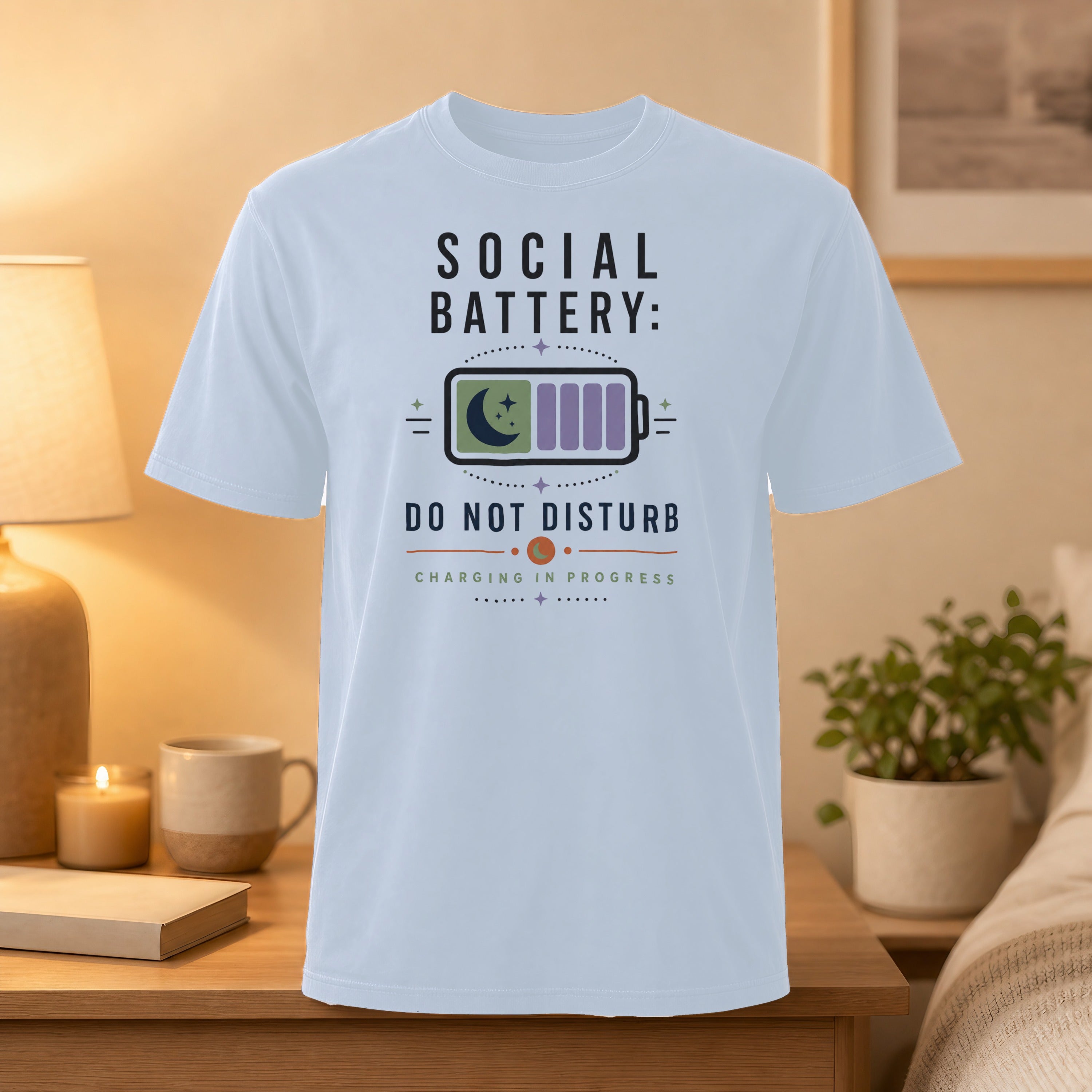White t-shirt with "SOCIAL BATTERY: DO NOT DISTURB" graphic.