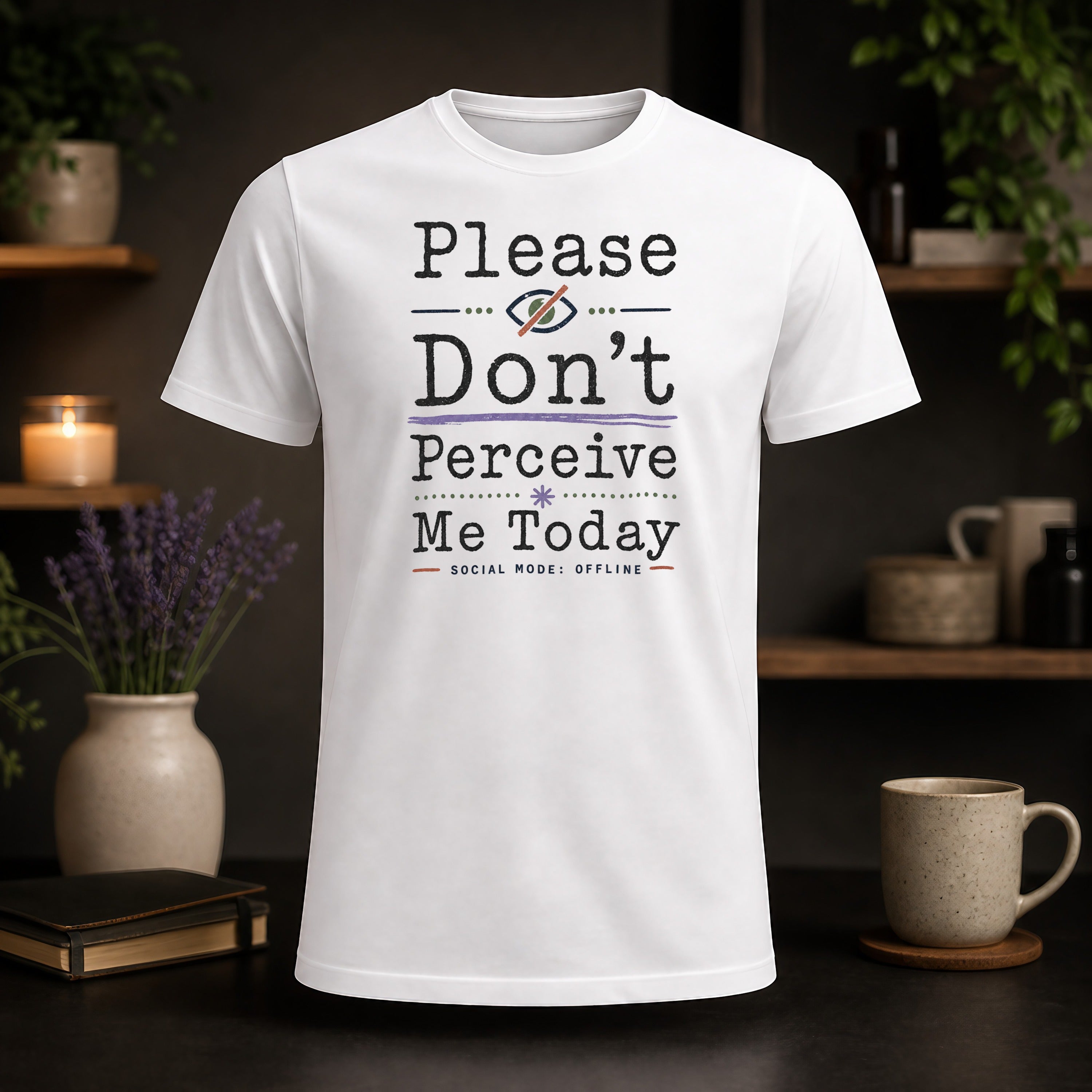 White t-shirt with "Please Don't Perceive Me Today" and "Social Mode: Offline" text.