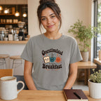 Woman wearing a t-shirt with "Overstimulated Since Breakfast" graphic.