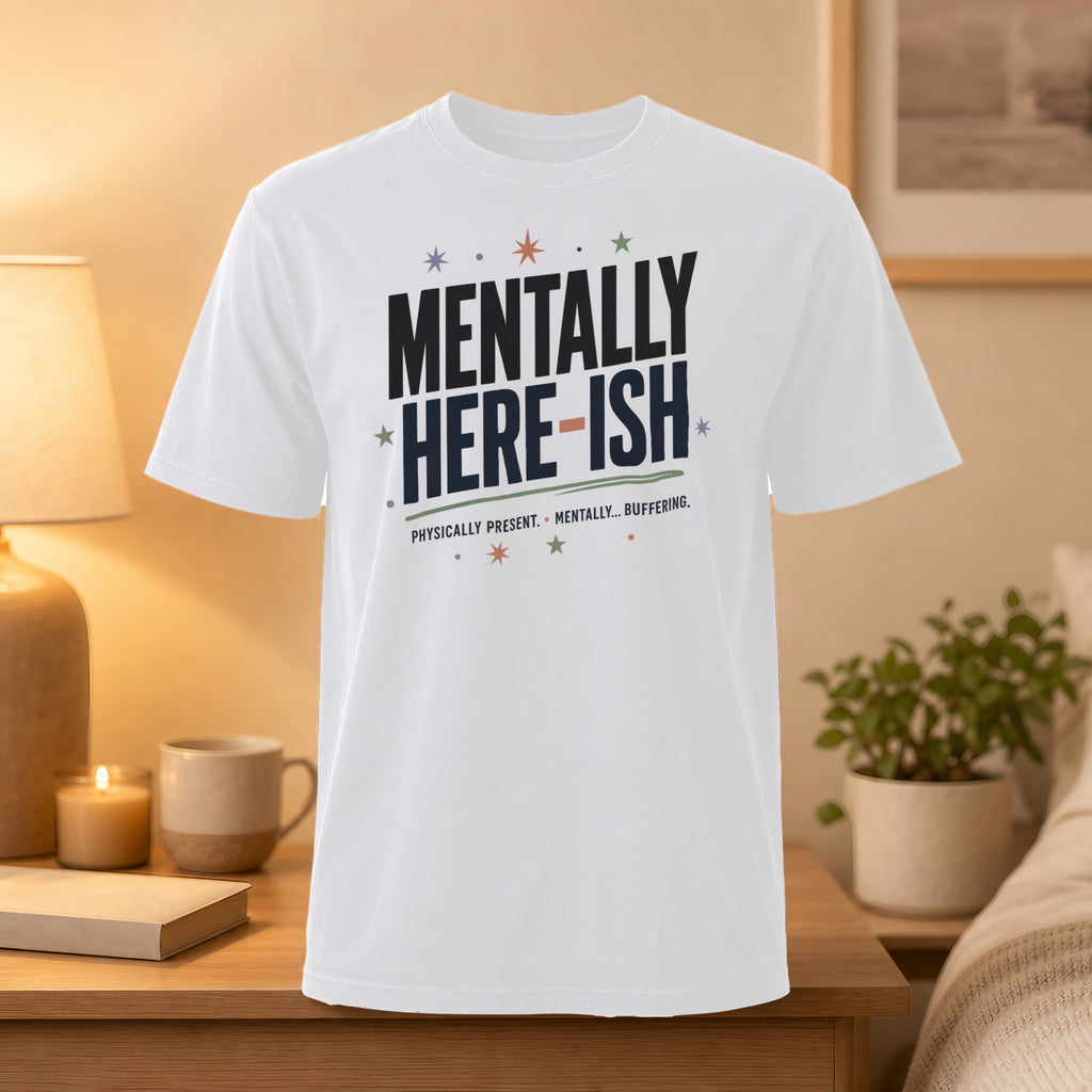 White t-shirt with "MENTALLY HERE-ISH" and "PHYSICALLY PRESENT. MENTALLY... BUFFERING." text.