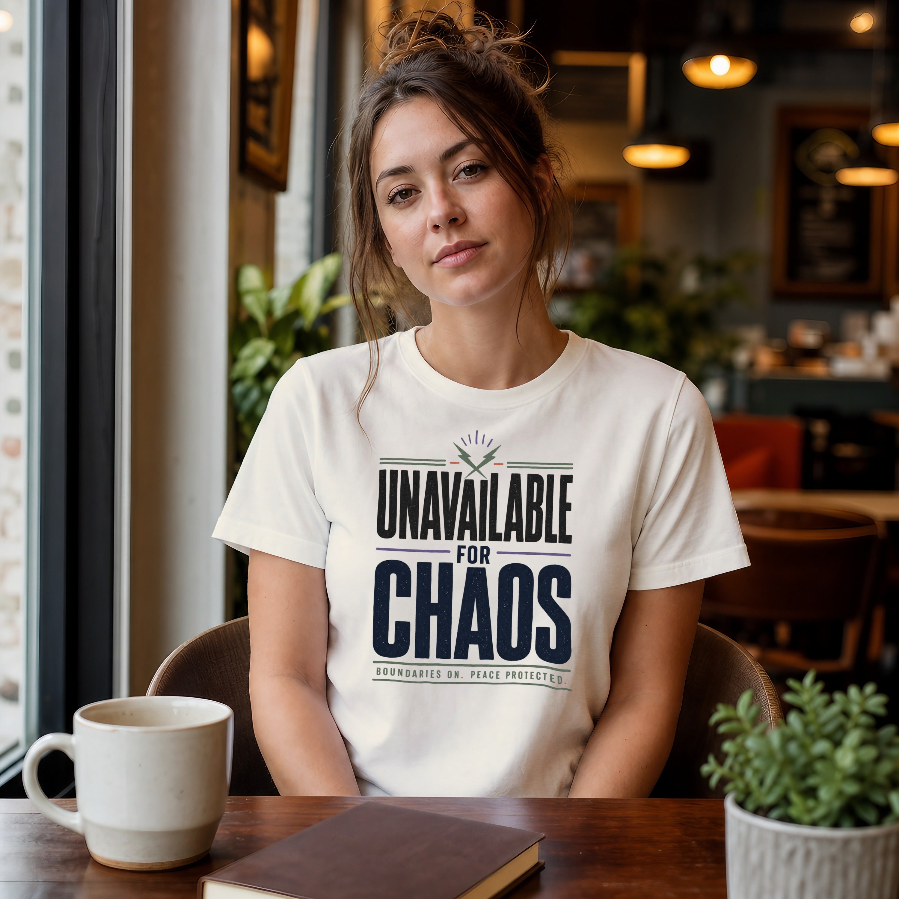 Woman wearing a white t-shirt with "UNAVAILABLE FOR CHAOS" text.