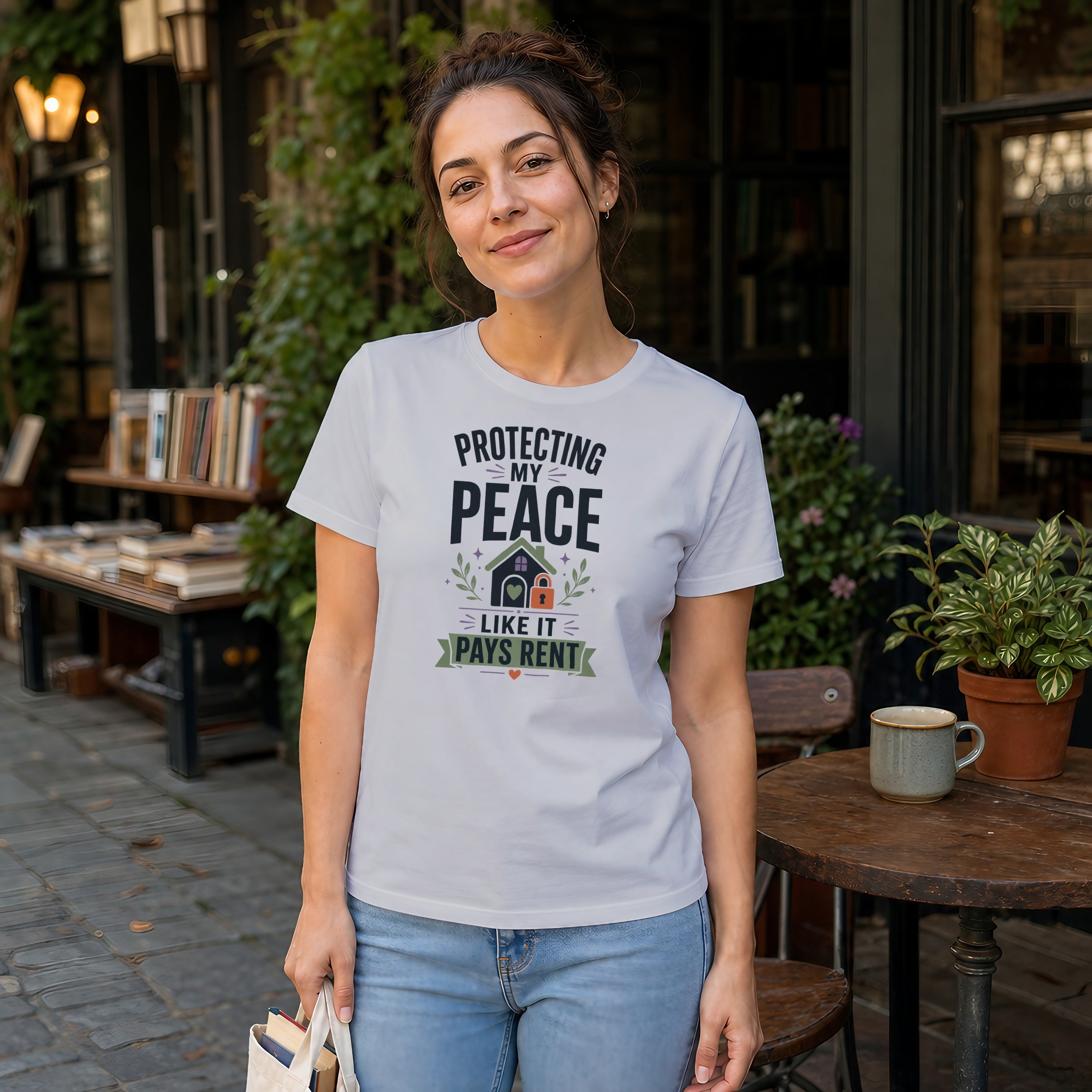 Woman wearing white t-shirt with "Protecting My Peace Like It Pays Rent" text.