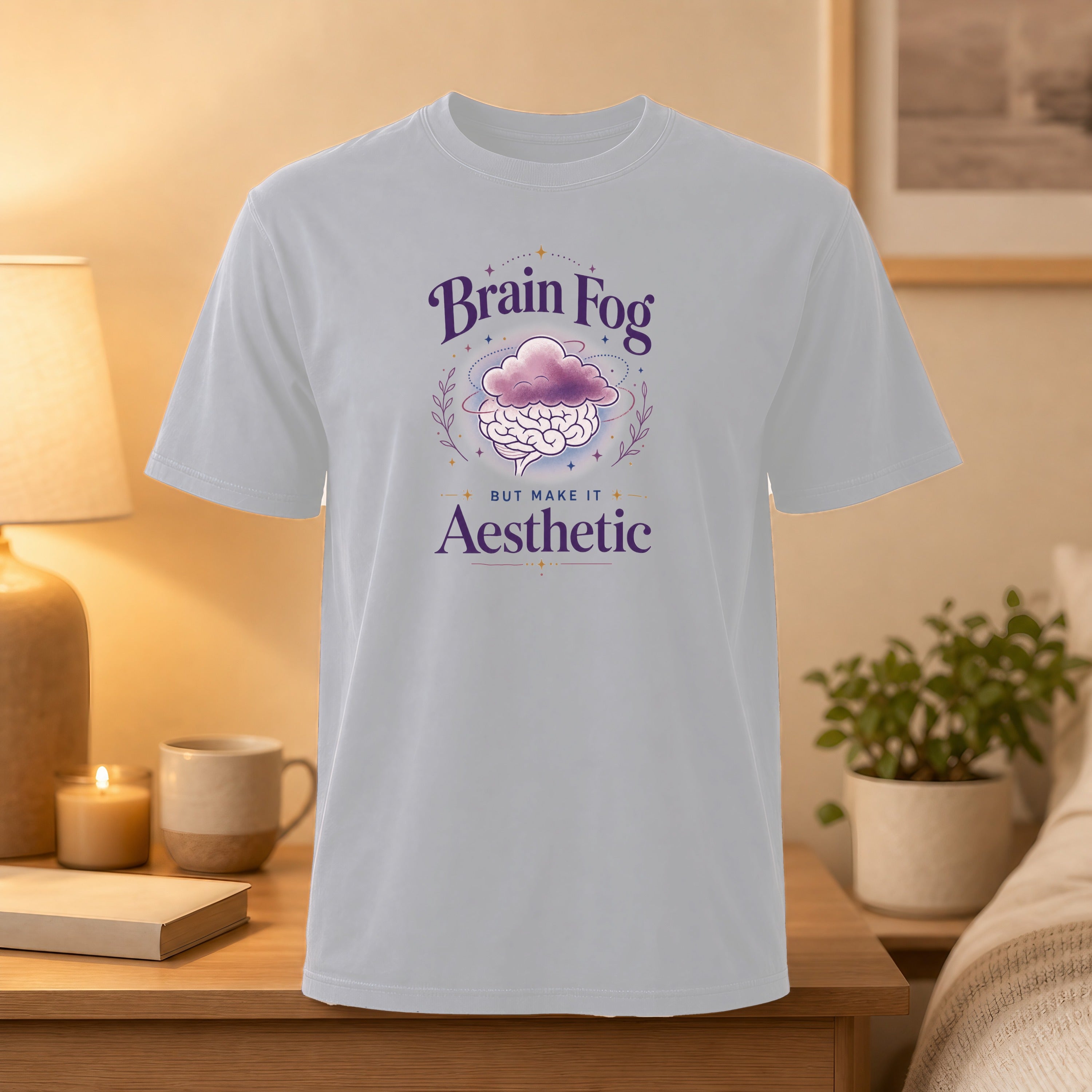 White t-shirt with "Brain Fog But Make It Aesthetic" graphic.