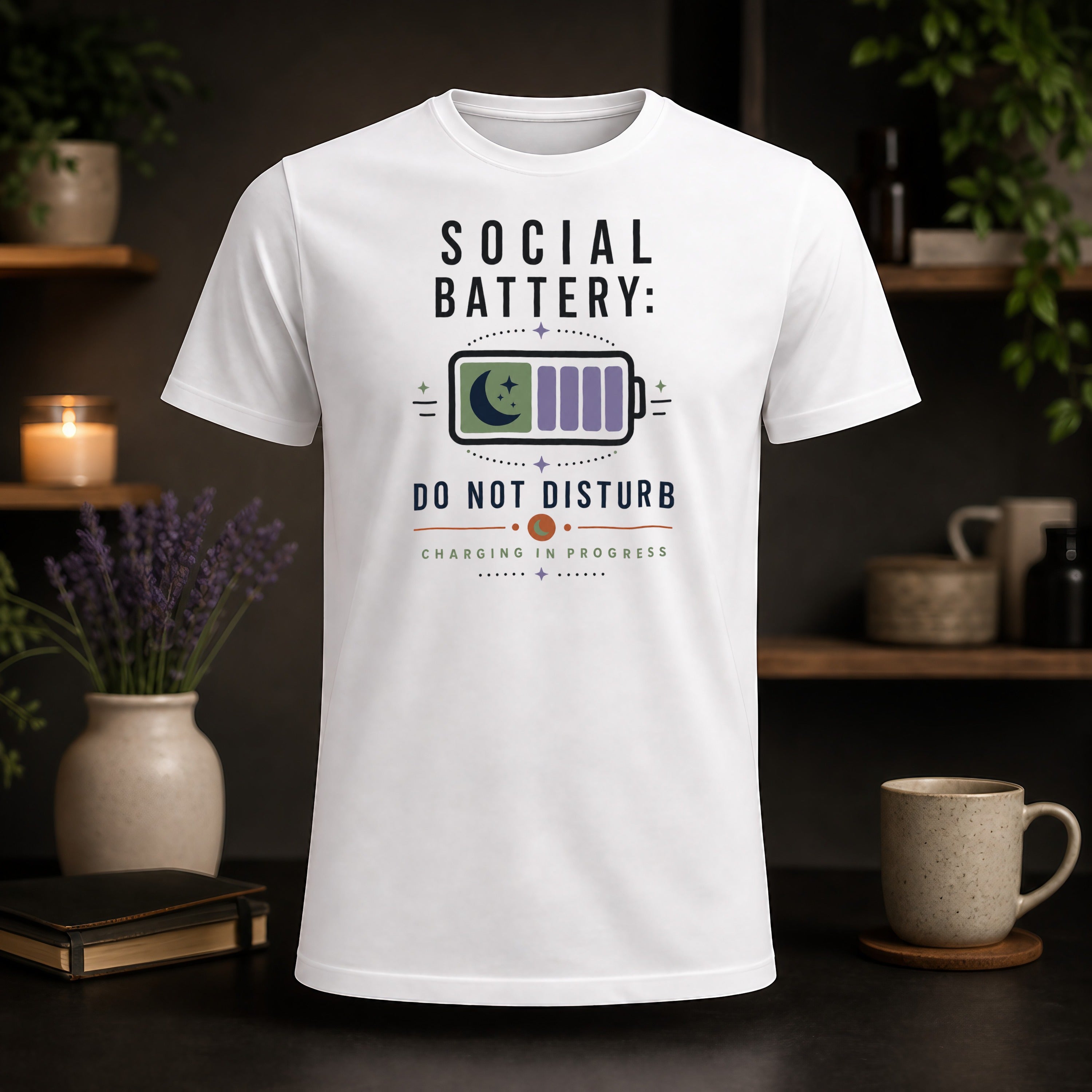 White t-shirt with "SOCIAL BATTERY: DO NOT DISTURB" text and a charging battery icon.