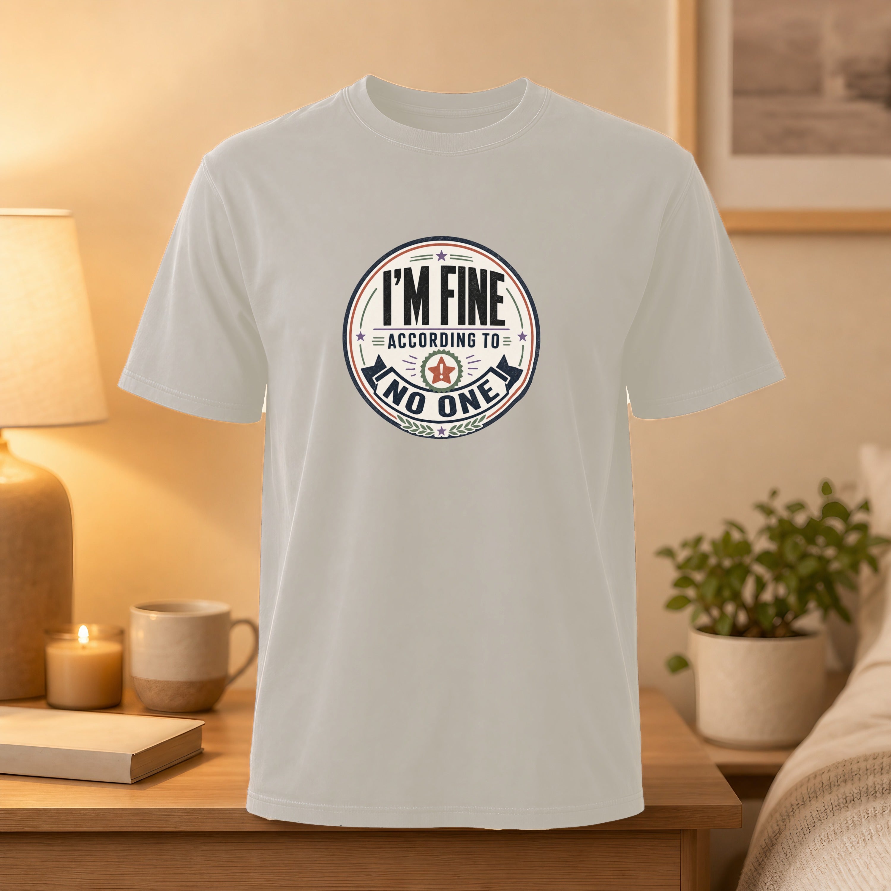 T-shirt with "I'M FINE ACCORDING TO NO ONE" text in a circular emblem.
