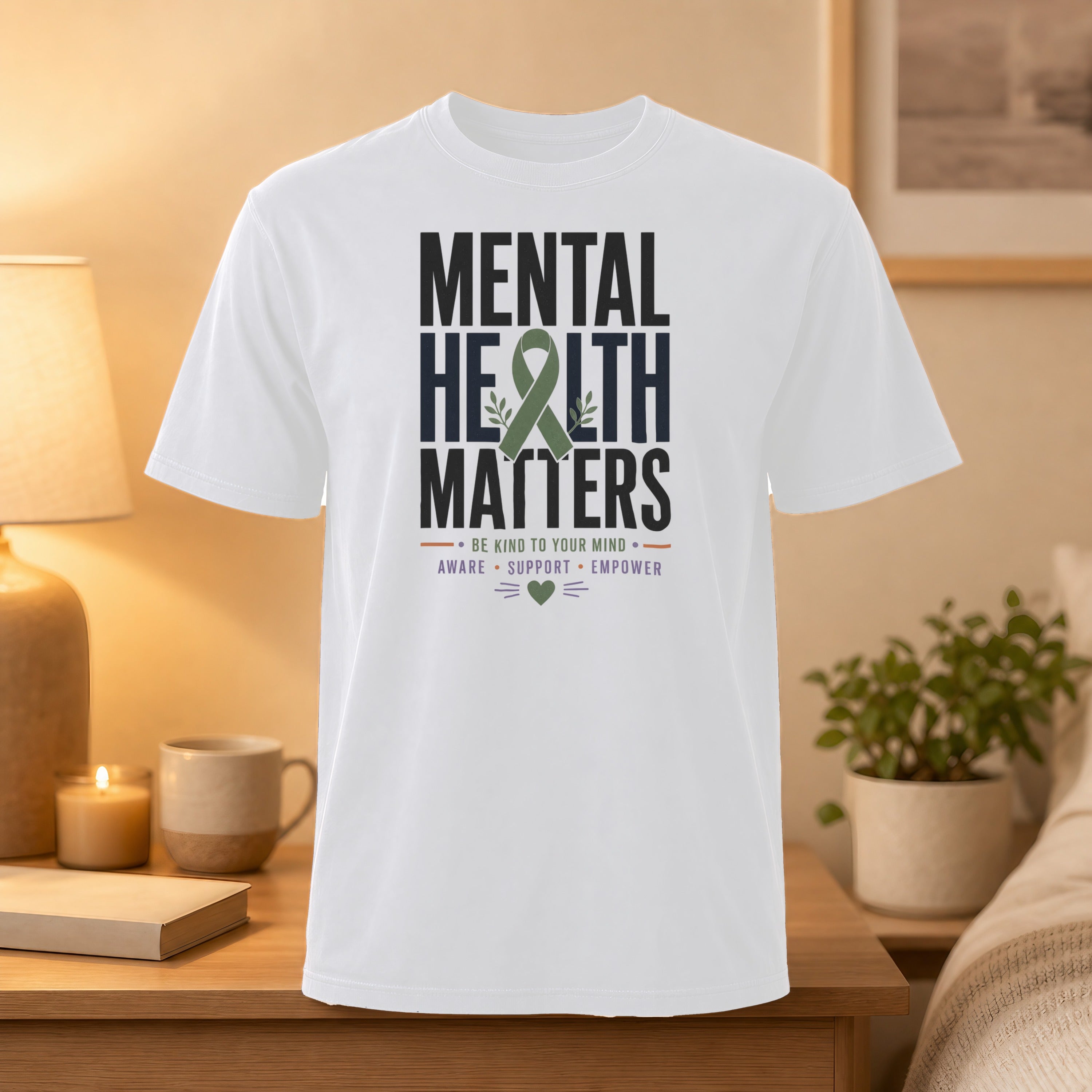 White t-shirt with "Mental Health Matters" text and green ribbon graphic.