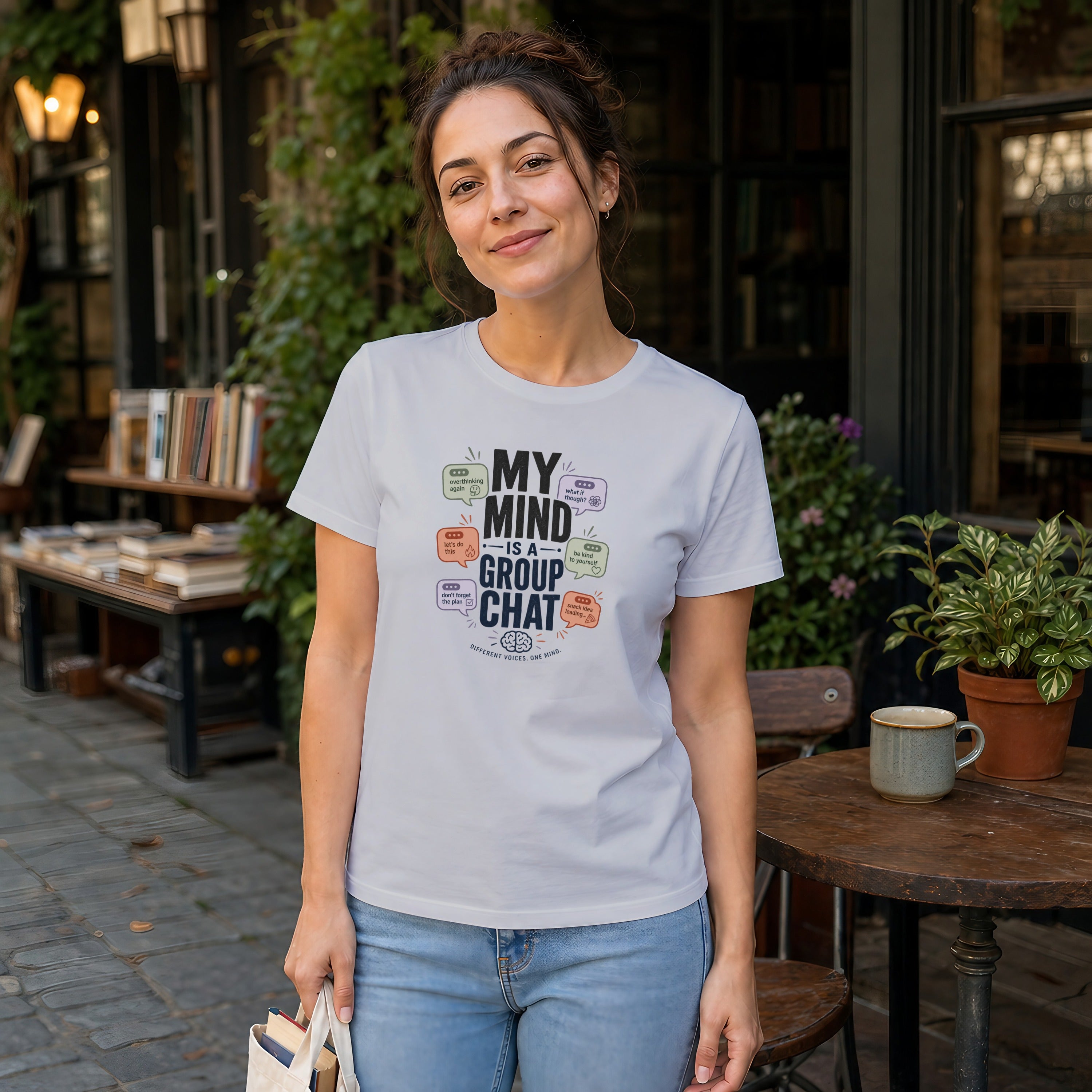 T-shirt with "MY MIND IS A GROUP CHAT" text and various thought bubbles.