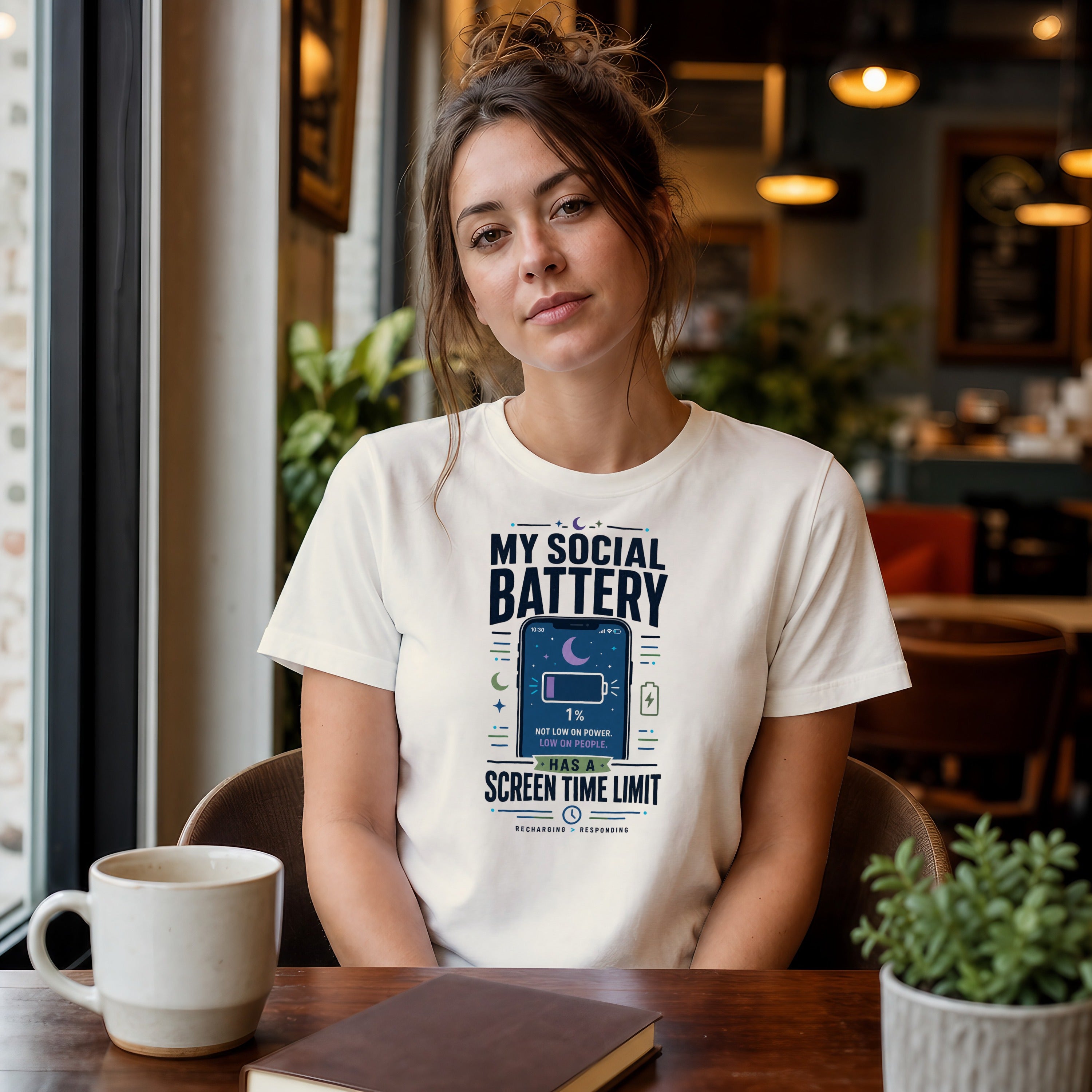 Woman wearing a t-shirt with a "Social Battery" graphic.