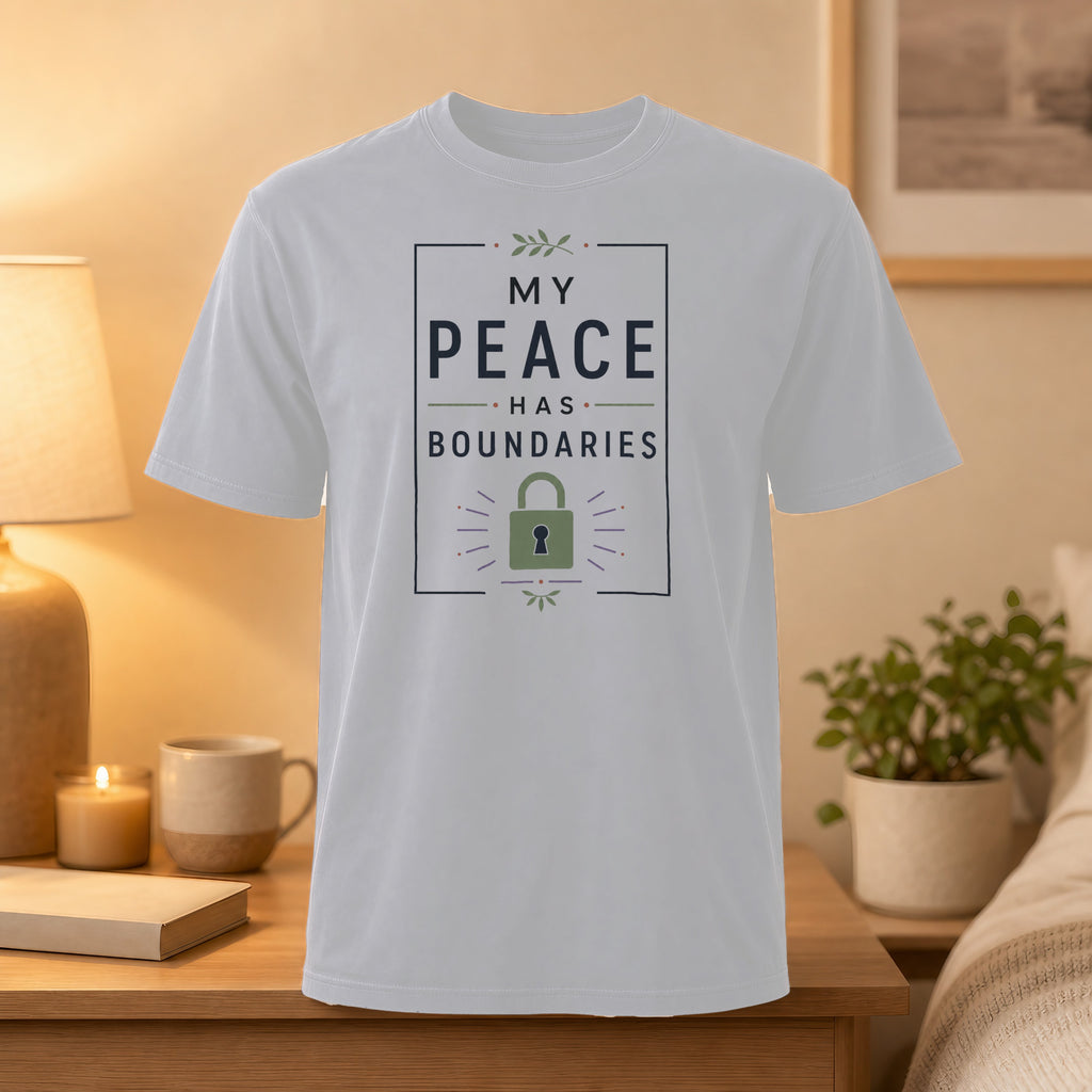 White t-shirt with "My Peace Has Boundaries" and a padlock graphic.