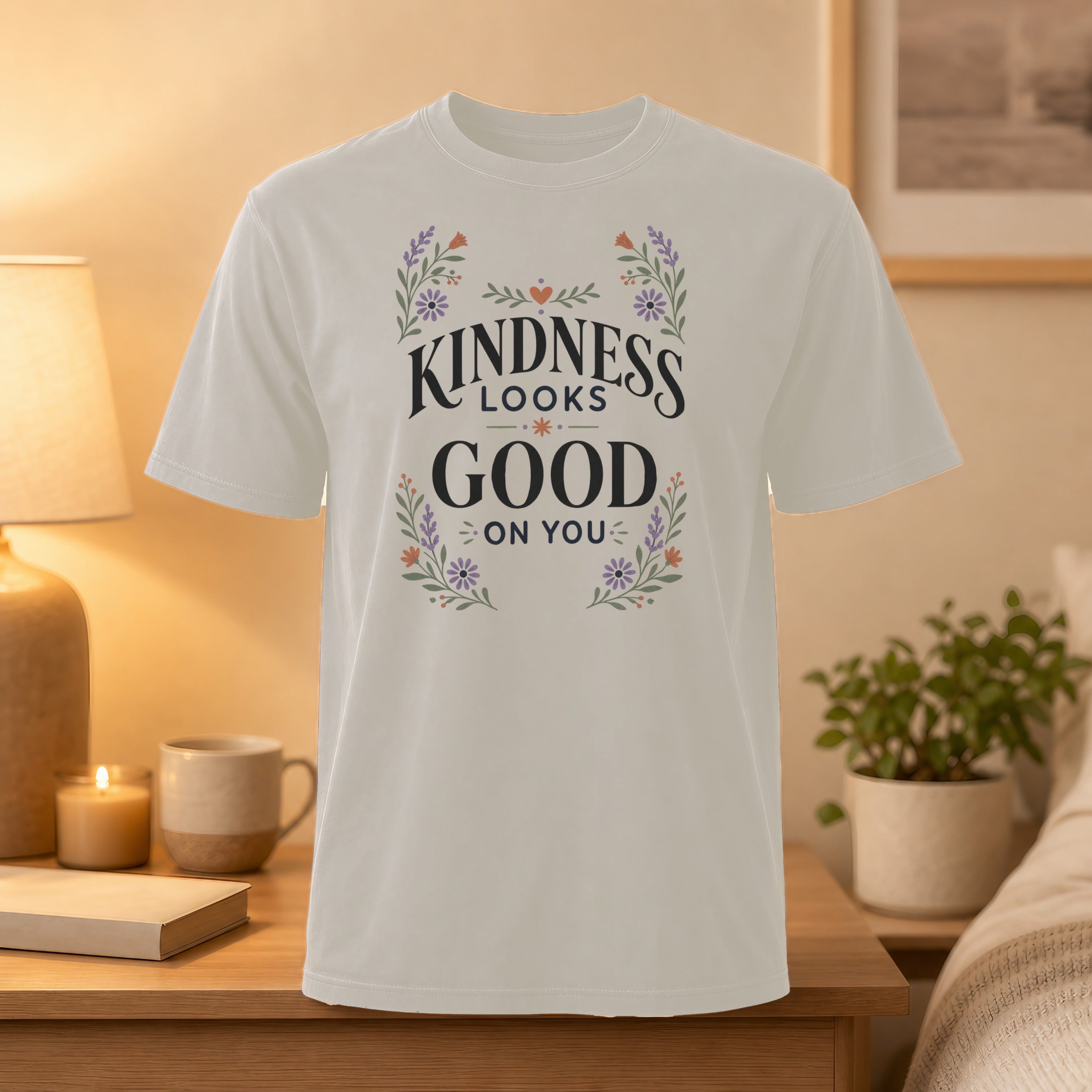 White t-shirt with "Kindness Looks Good On You" text and floral design.